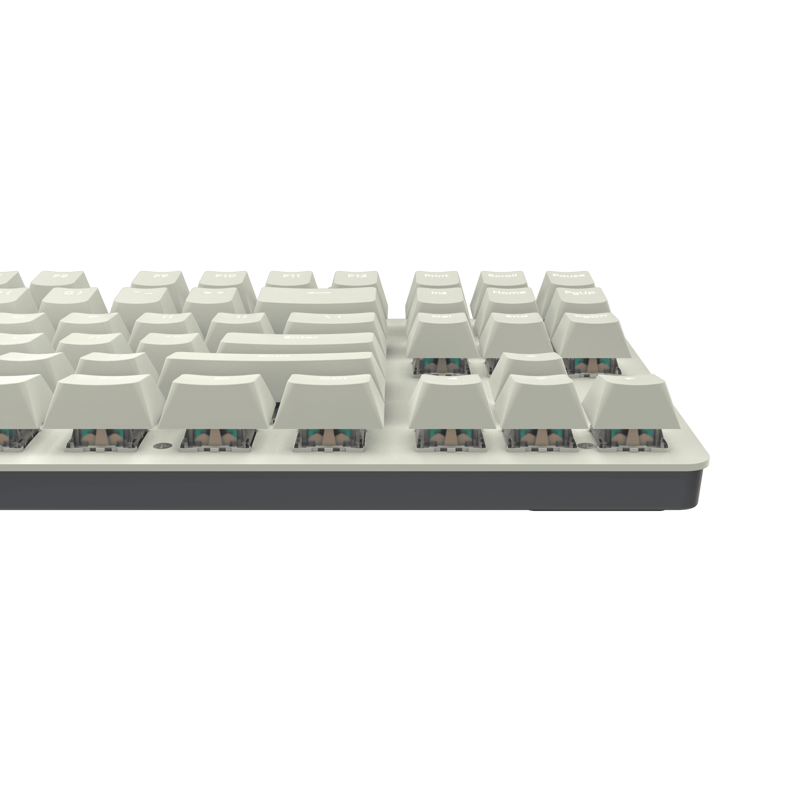 Nahaufnahme einer mechanischen Tastatur mit weißen Tastenkappen, schwarzem Hintergrund. Die Tasten sind beschriftet.