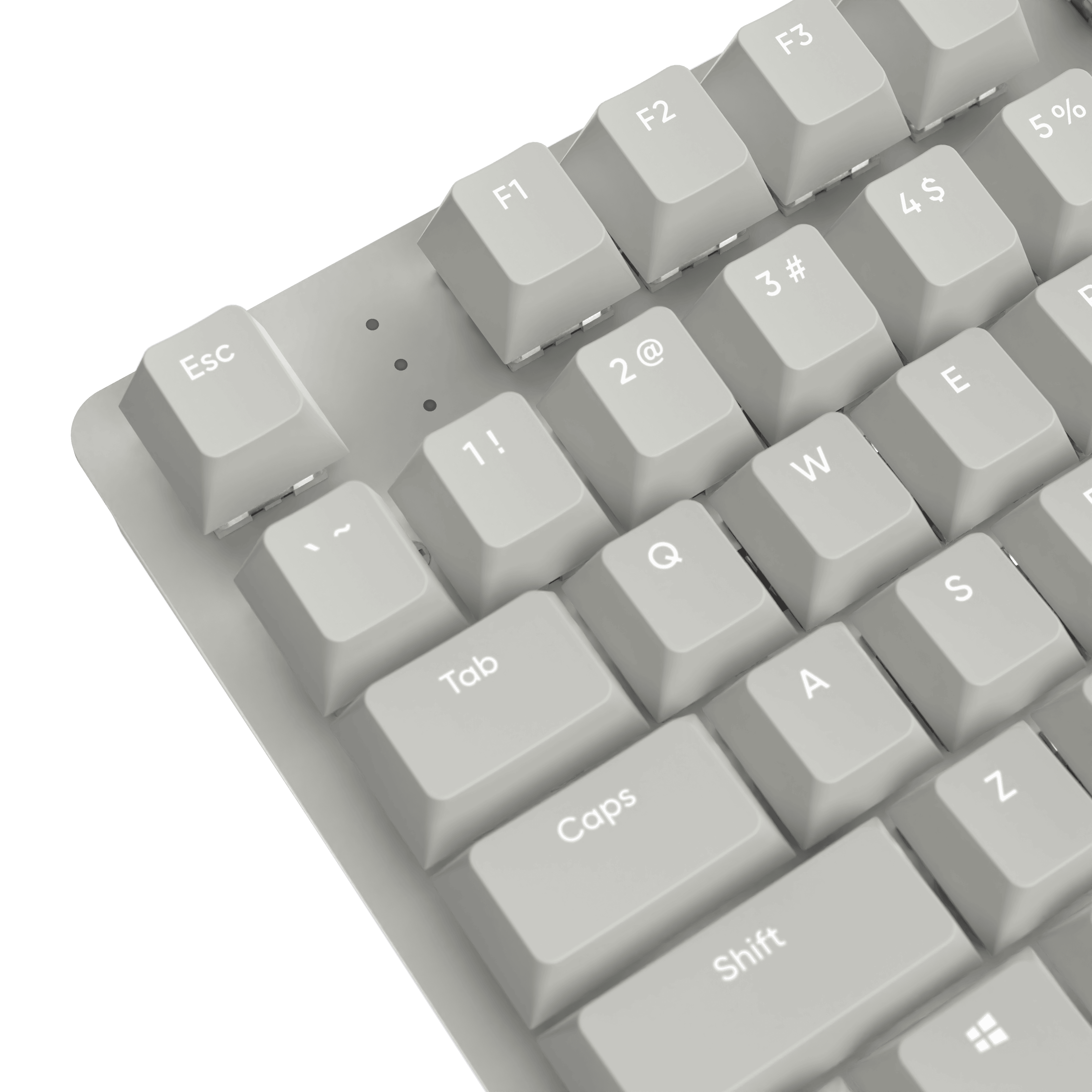 Nahaufnahme einer hellgrauen mechanischen Tastatur. Tasten sind u. a. Esc, F1-F3, Zahlen, Buchstaben und Sonderzeichen.