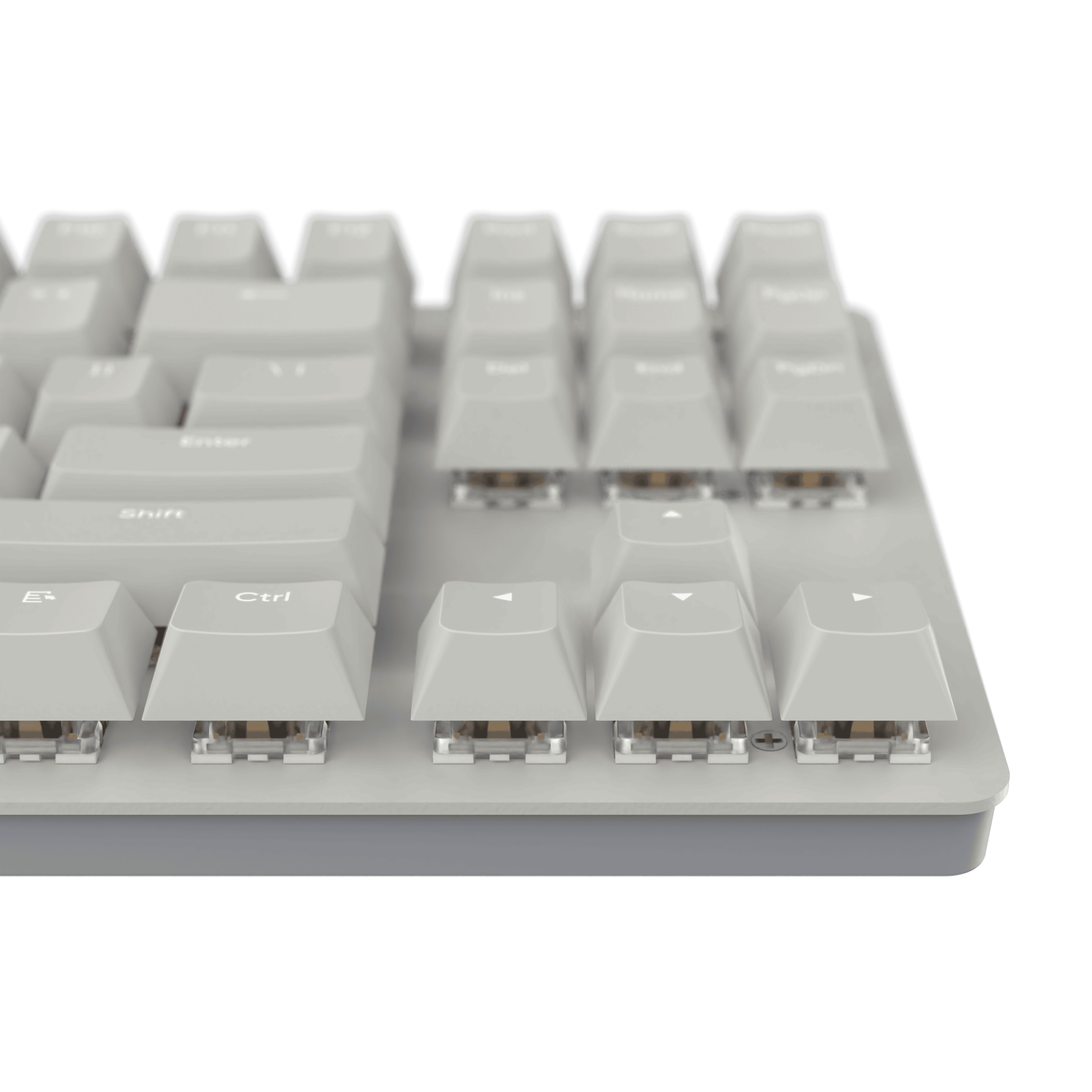 Nahaufnahme einer hellgrauen mechanischen Tastatur mit sichtbaren Schaltern. Der Hintergrund ist schwarz.