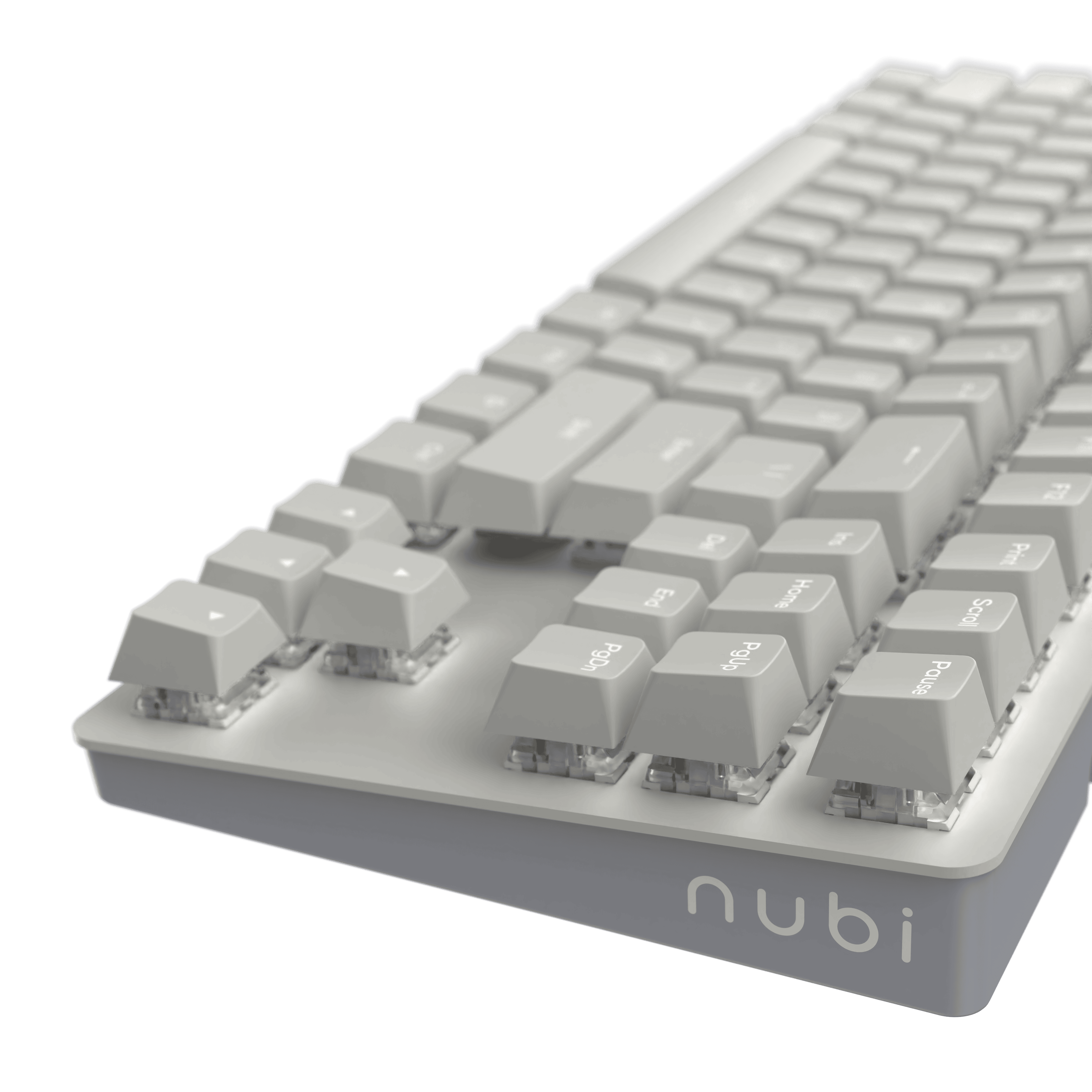 Nahaufnahme einer weißen Tastatur mit grauen Tasten. Der Markenname 'nubi' ist sichtbar.