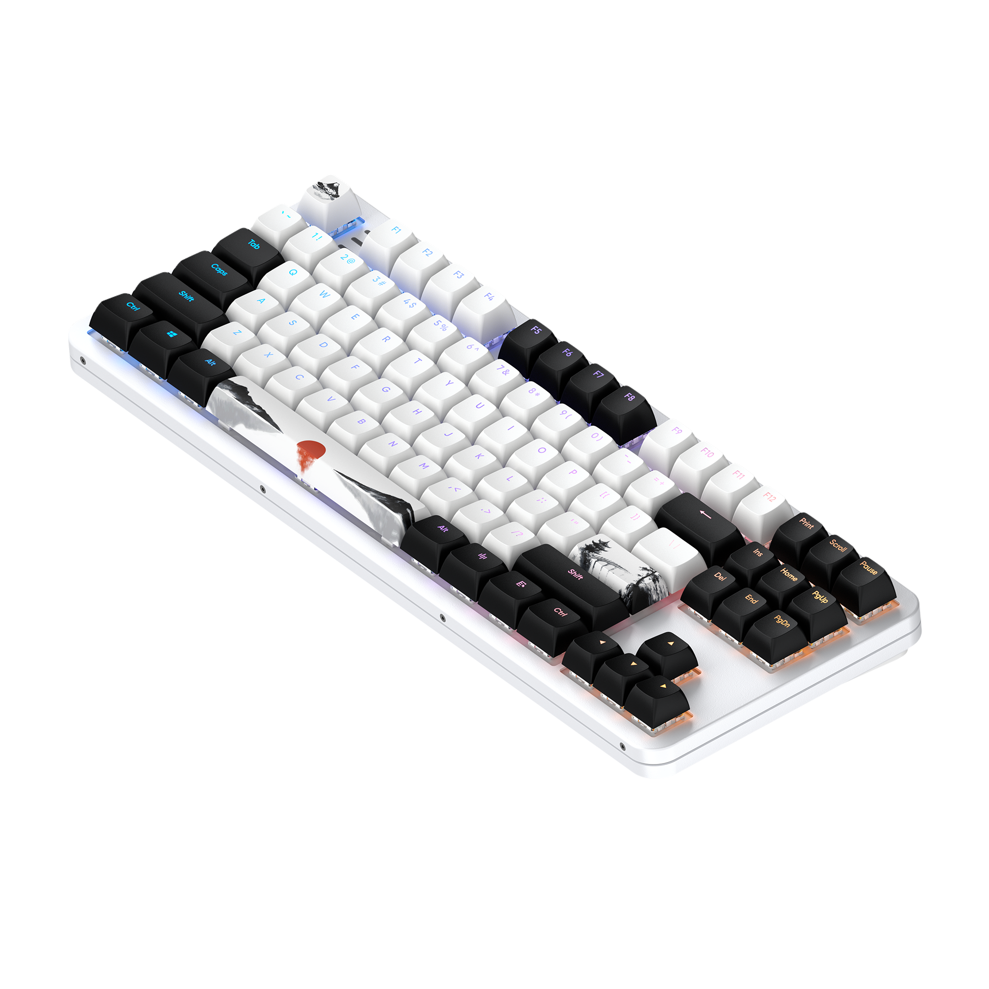 Eine weiß-schwarze mechanische Tastatur mit individuellen Tastenkappen. Die Tasten sind weiß und schwarz mit Kunst.