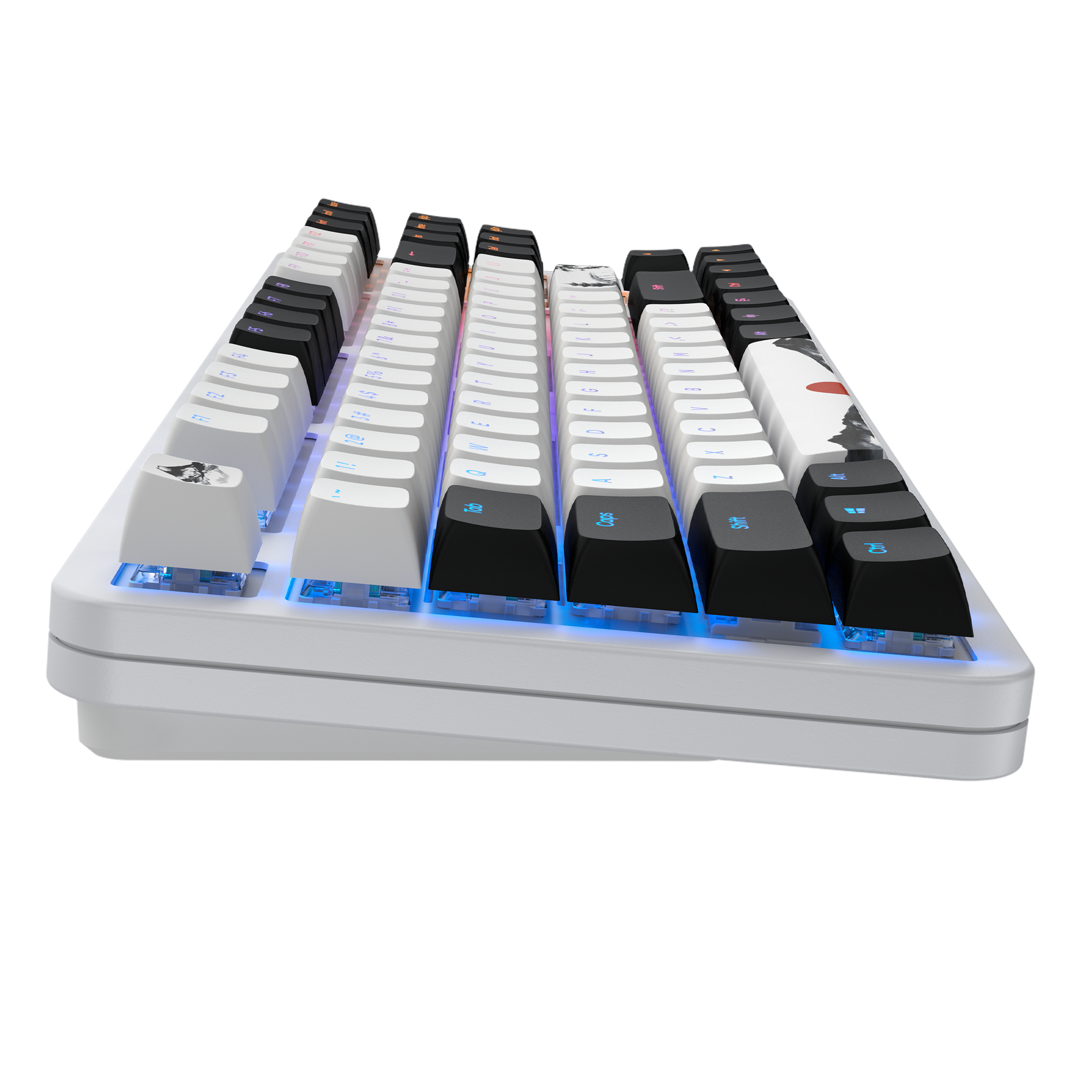 Eine weiße mechanische Tastatur mit schwarzen und weißen Tastenkappen. Einige Tasten haben Illustrationen. Blaue Lichter scheinen hindurch.