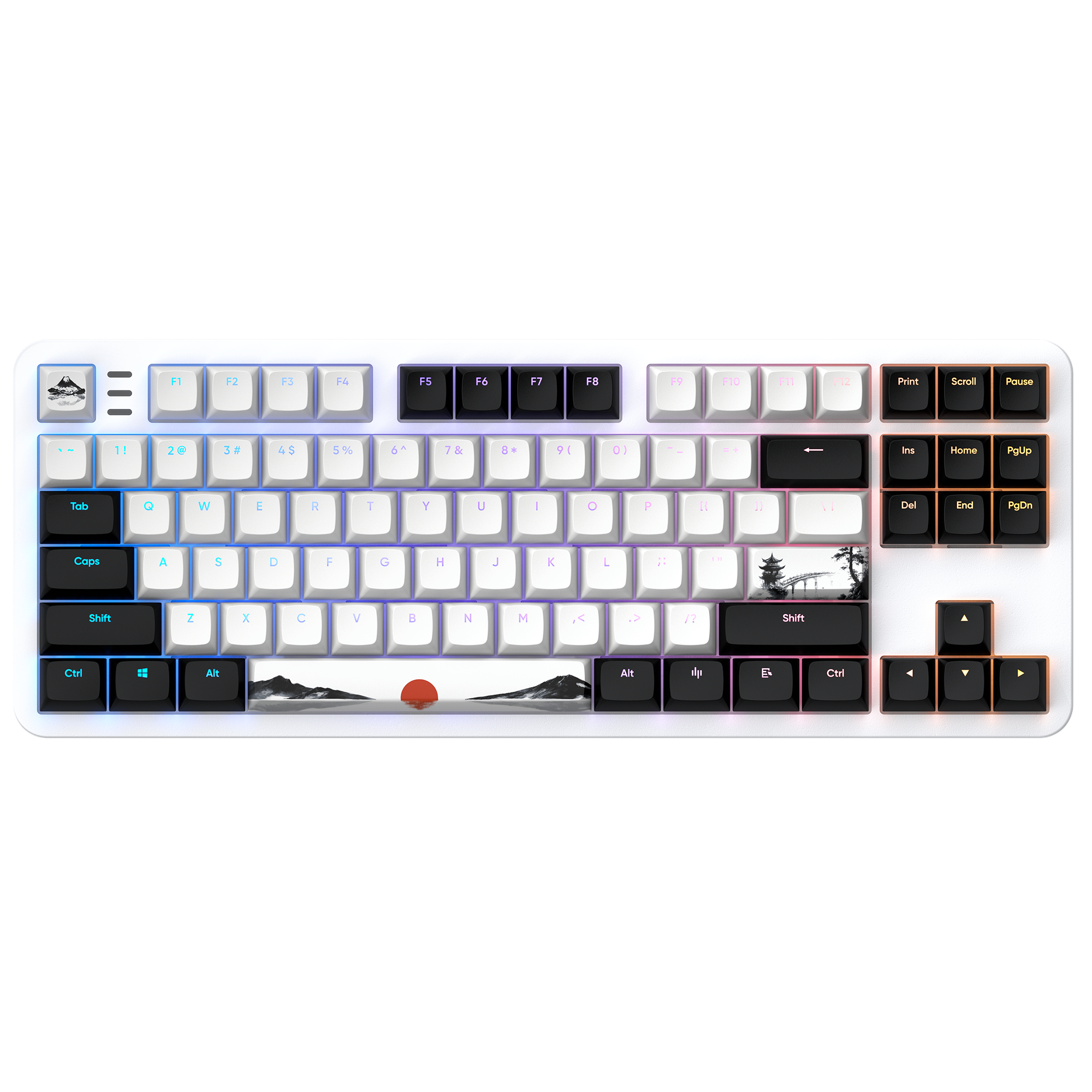 Weiße mechanische Tastatur mit verschiedenen Tasten. Landschaftskunst auf der Leertaste. Berg- und Sonnendesign.