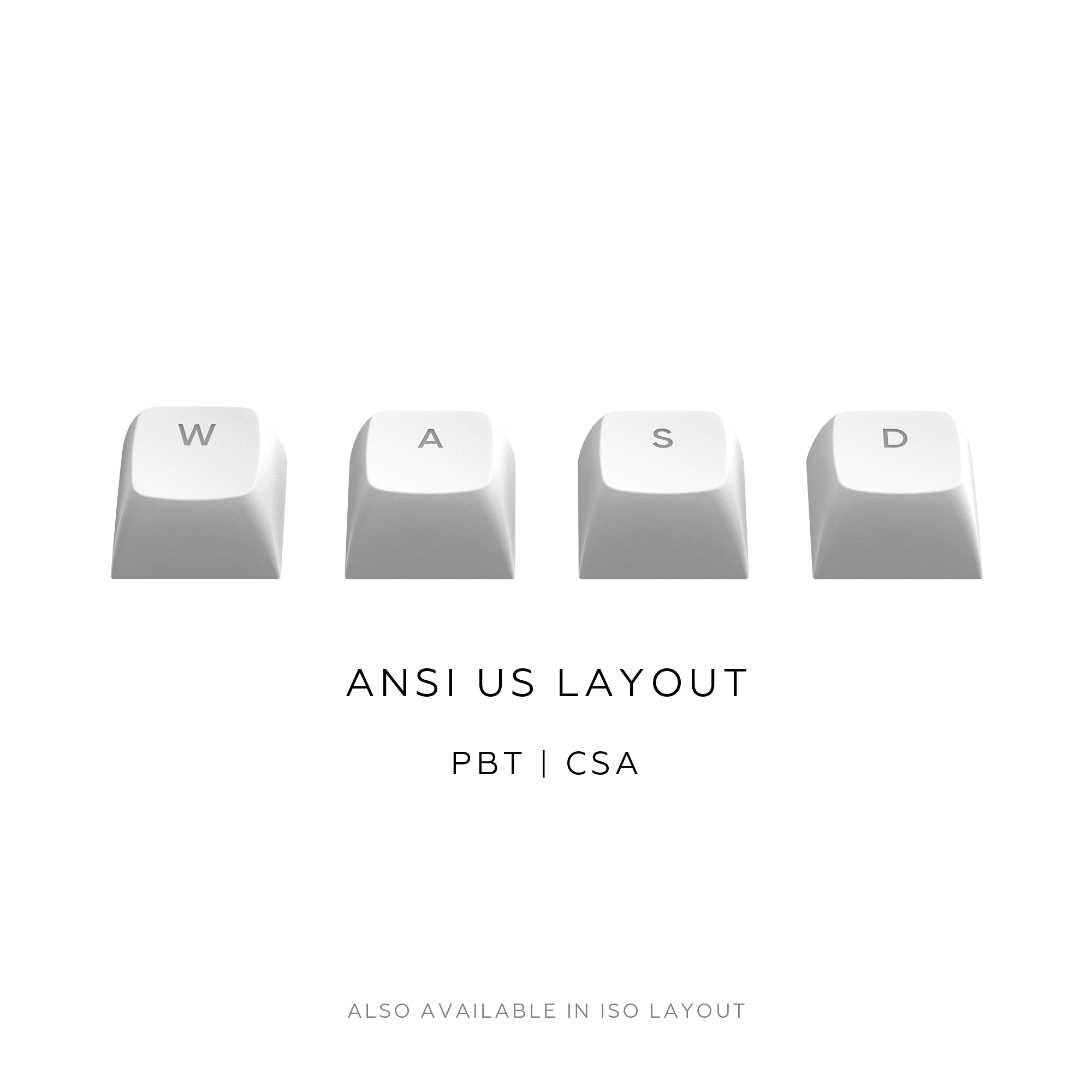 Vier weiße Tastaturtasten: W, A, S, D, vor weißem Hintergrund. Der Text darunter lautet 'ANSI US LAYOUT'.