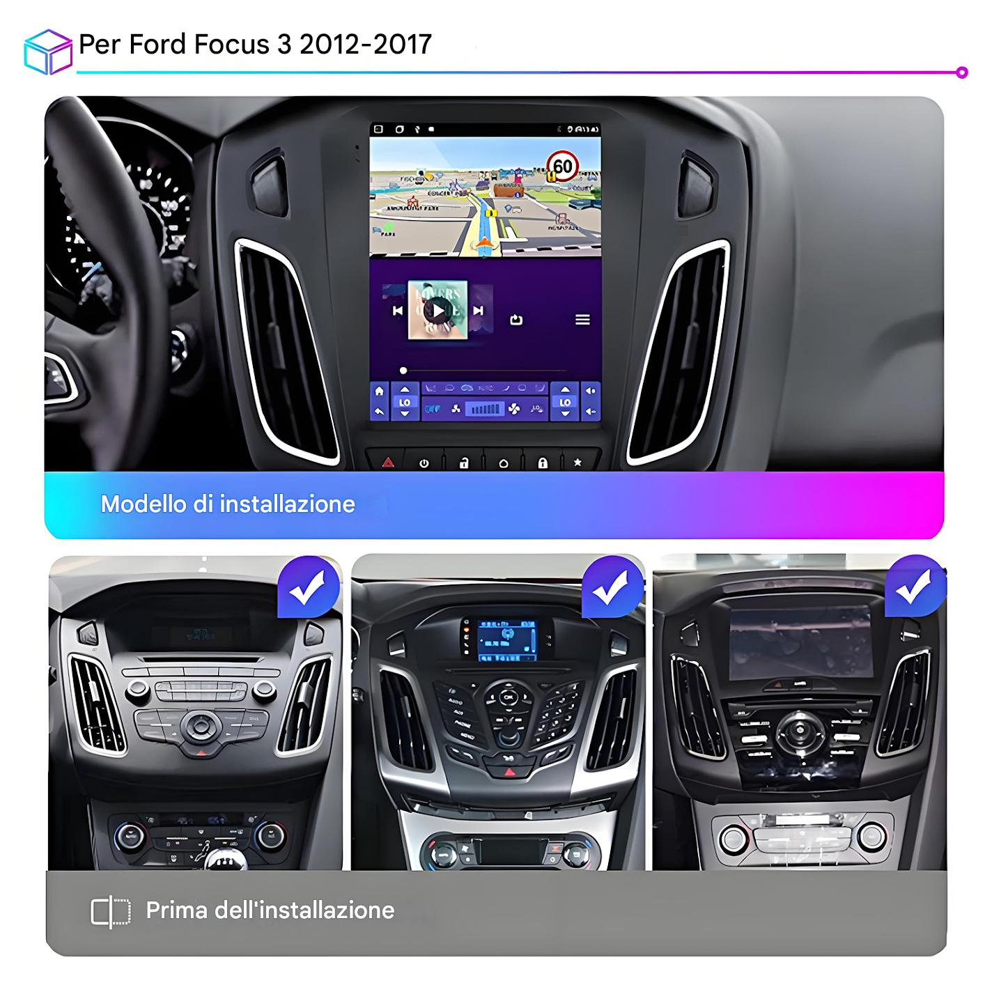 Cruscotto auto con navigazione e controlli multimediali. Sotto, tre cruscotti prima dell'installazione con segni di spunta.