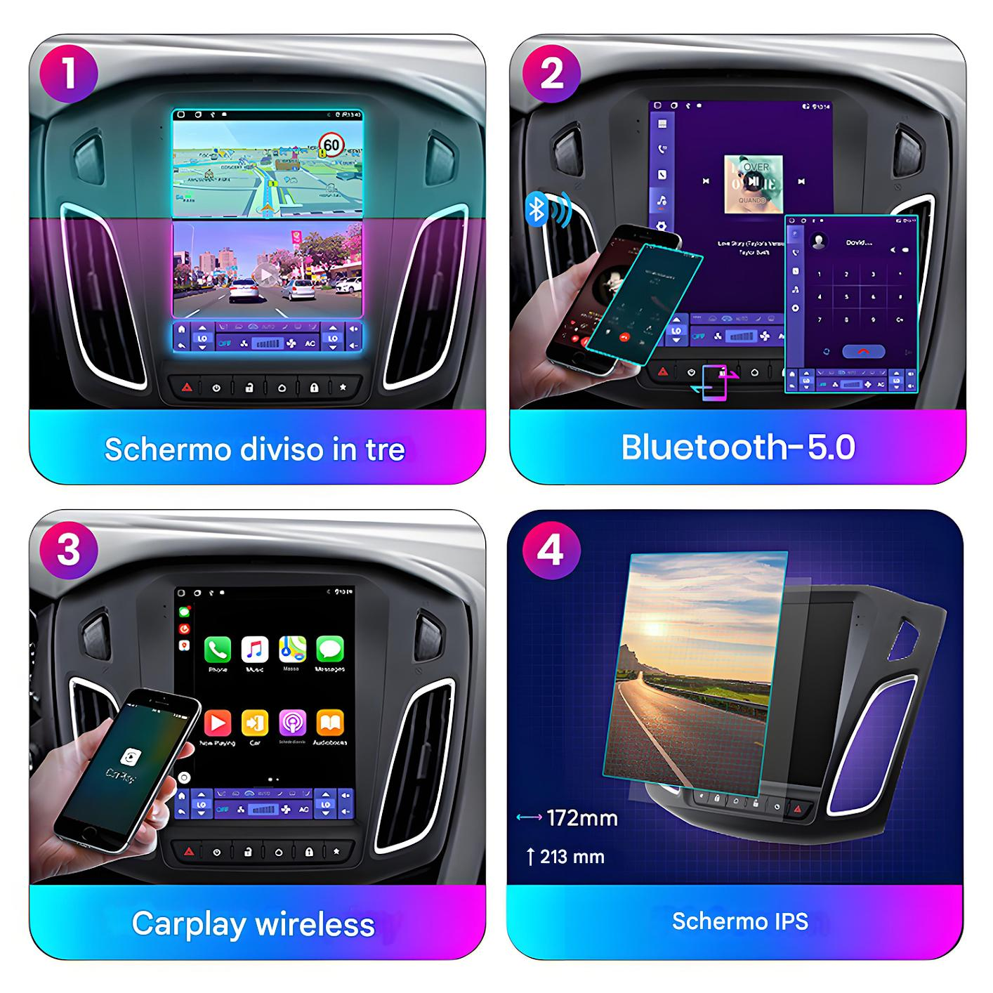 Schermo del cruscotto che mostra navigazione, controlli auto e opzioni radio. Anche integrazione telefonica. Quattro funzioni.