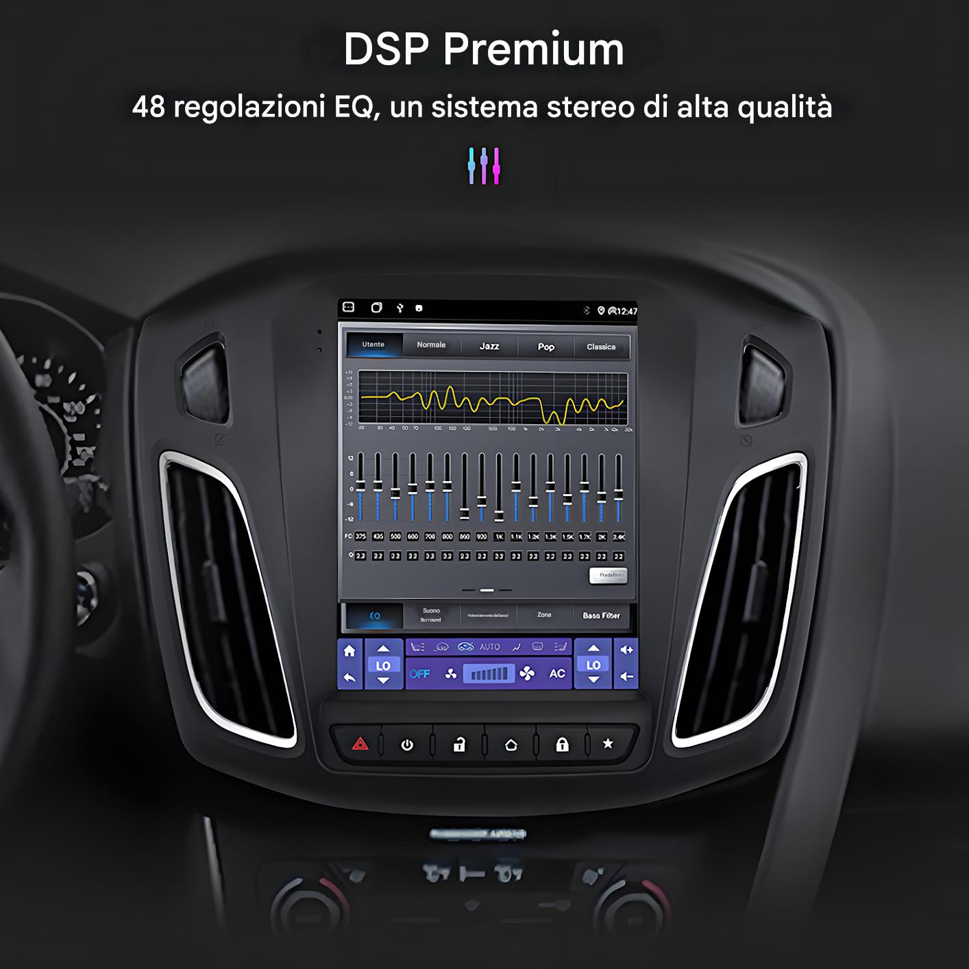 Schermo stereo auto con interfaccia equalizzatore. Mostra impostazioni e opzioni di personalizzazione audio.