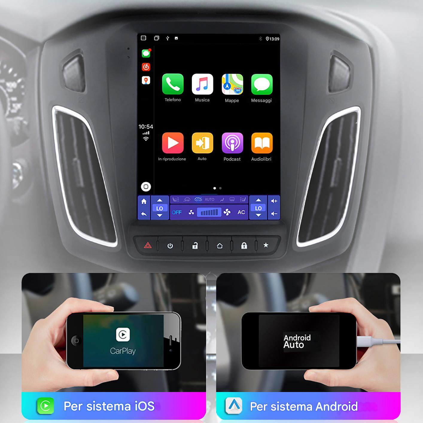 Cruscotto auto con icone app. Due telefoni mostrano CarPlay e Android Auto. Testo: 'Per sistema iOS' e 'Per sistema Android'.