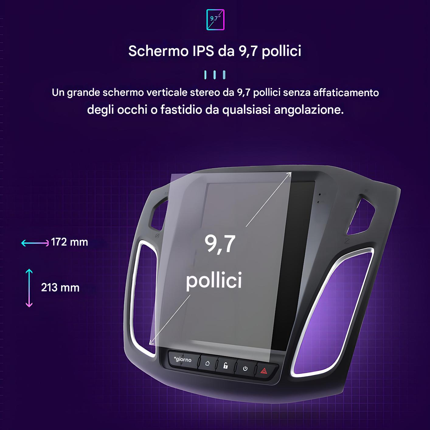 Viene visualizzato uno schermo stereo per auto, con dimensioni di 172 mm per 213 mm e una dimensione di 9,7 pollici. Ha una cornice viola e nera.