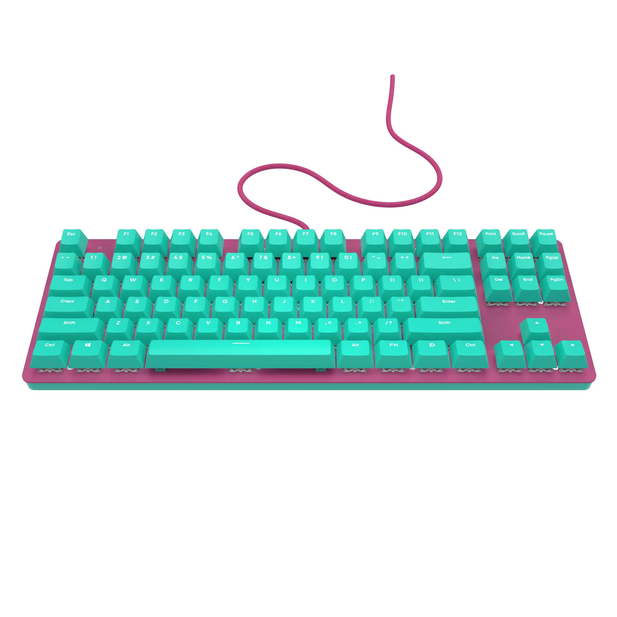 Eine rosa Tastatur mit türkisfarbenen Tasten und einem rosa Kabel vor schwarzem Hintergrund.