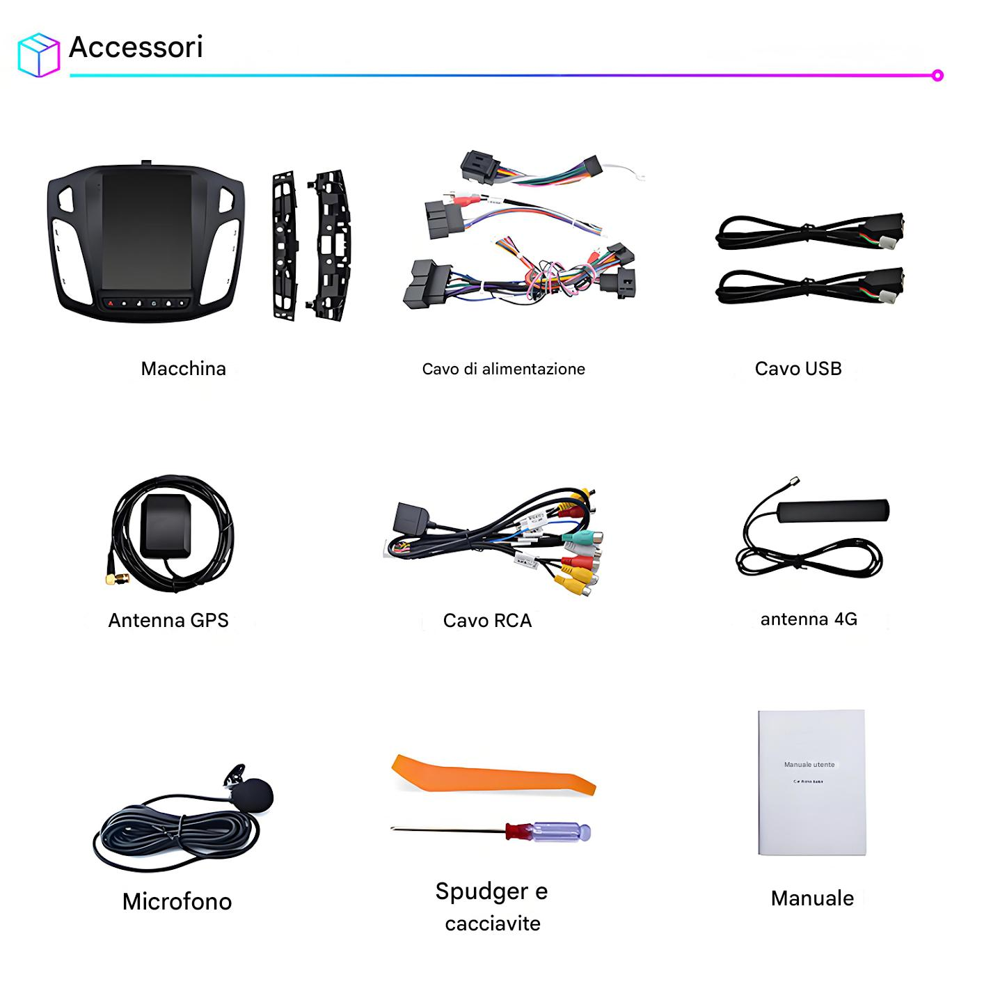 L'immagine mostra accessori per auto: un display per auto, cavi, antenna GPS, cavo RCA, antenna 4G, microfono, spudger, cacciavite e manuale.