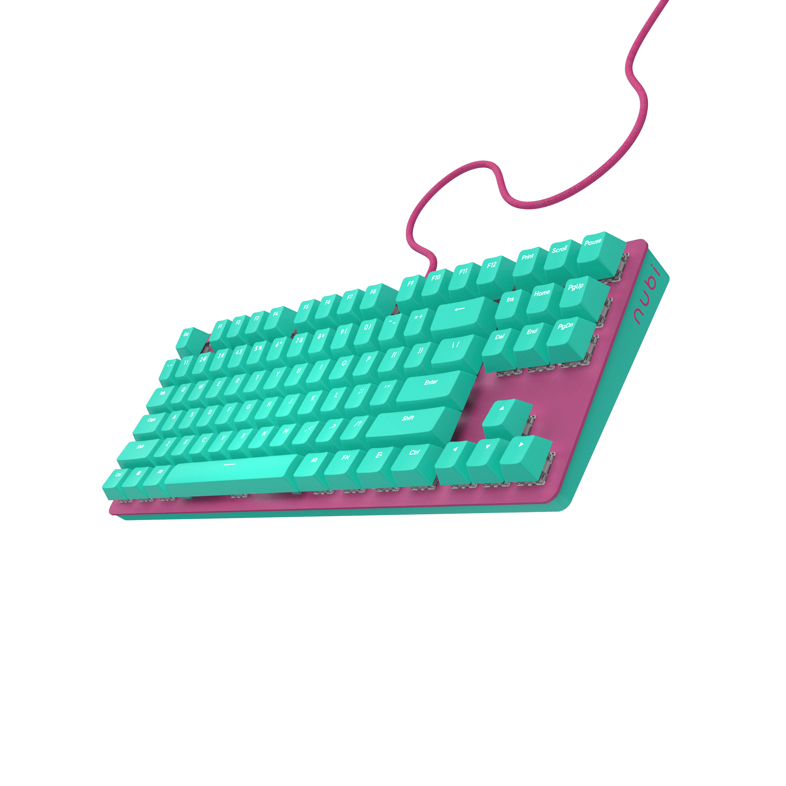 Eine türkisfarbene und rosa mechanische Tastatur auf schwarzem Hintergrund. Ein rosa Kabel geht von der Tastatur aus.