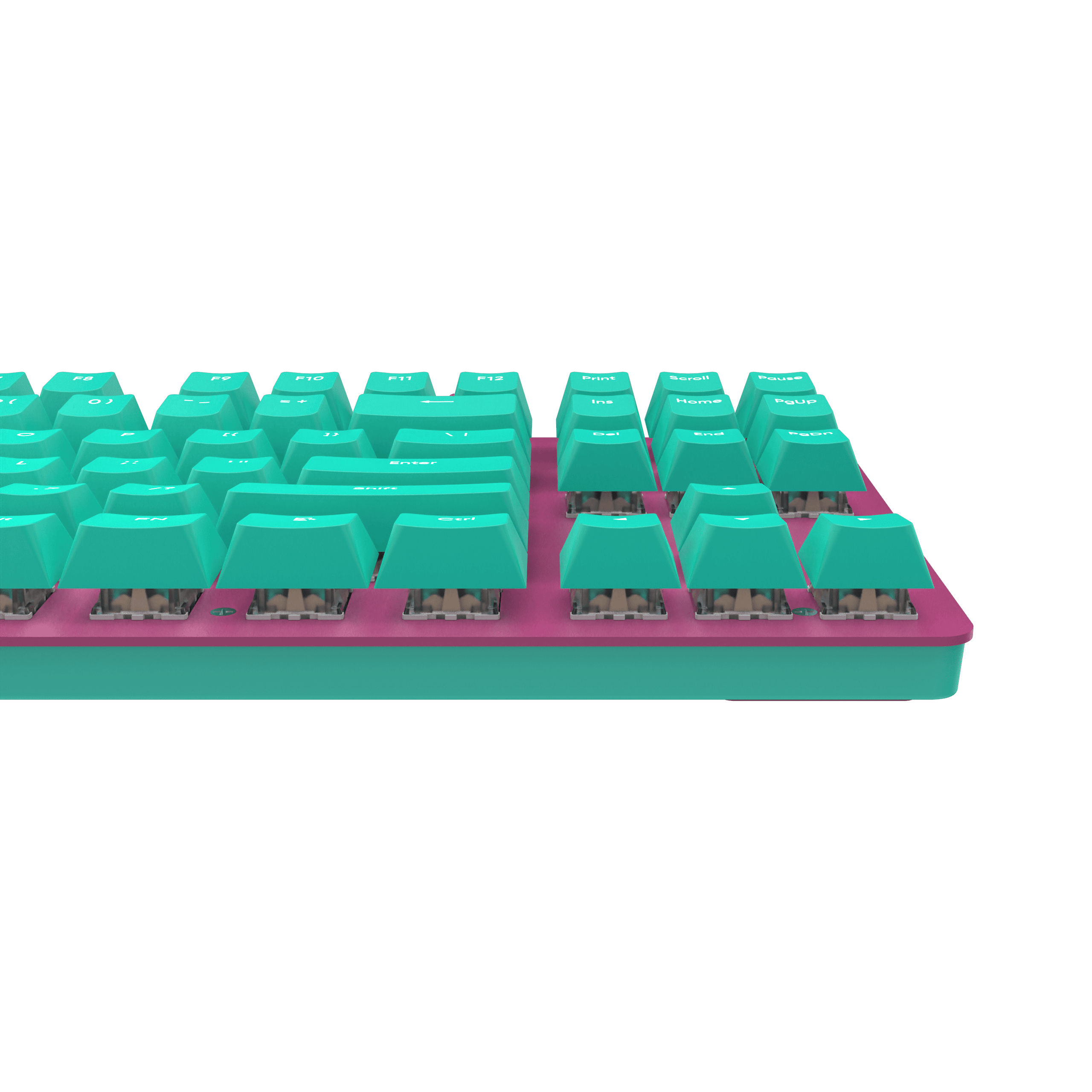 Nahaufnahme einer teal- und pinkfarbenen mechanischen Tastatur. Die Tasten sind teal, die Basis ist pink, vor schwarzem Hintergrund.