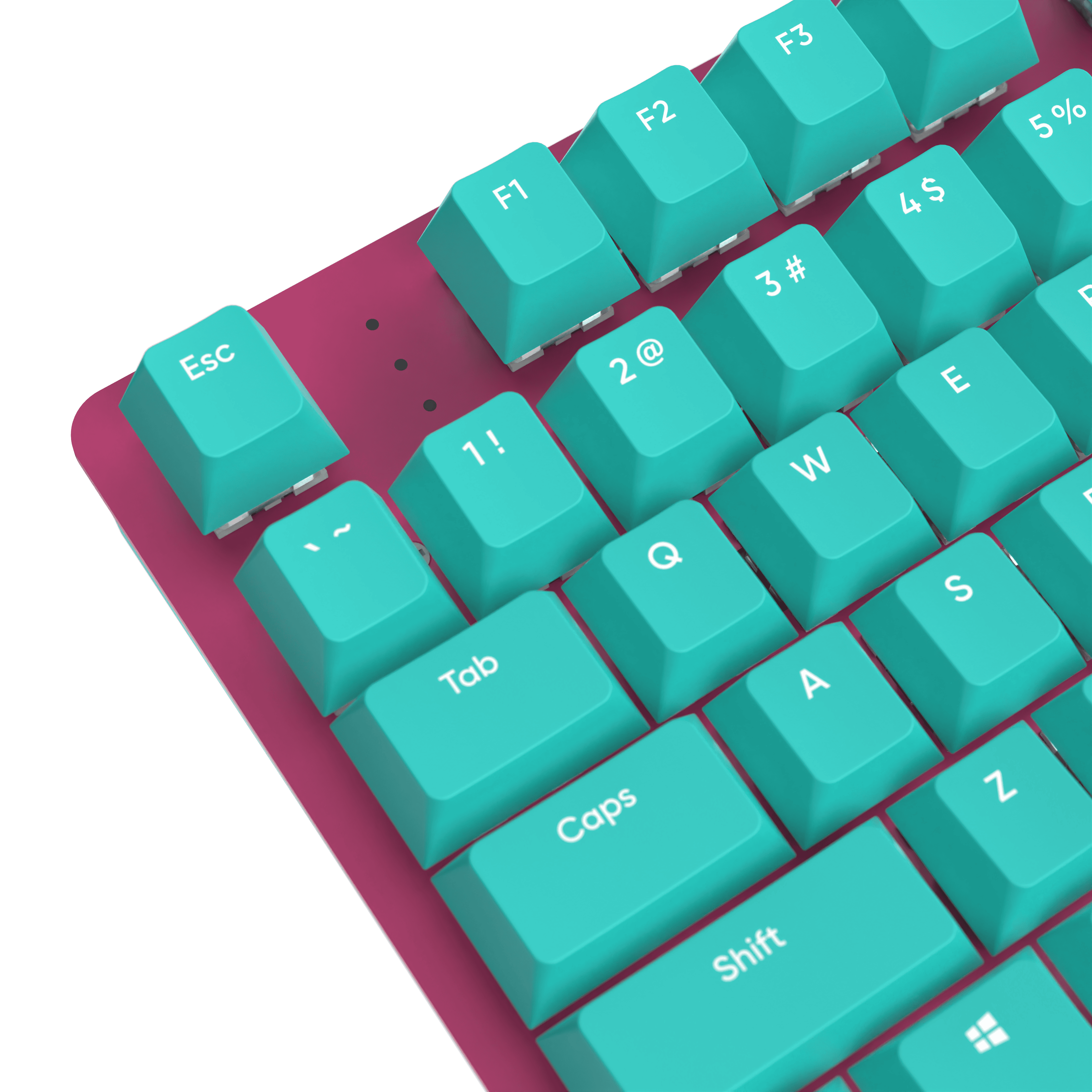 Nahaufnahme einer Tastatur mit türkisfarbenen Tasten und weißen Buchstaben auf rosa Basis. Schwarzer Hintergrund.