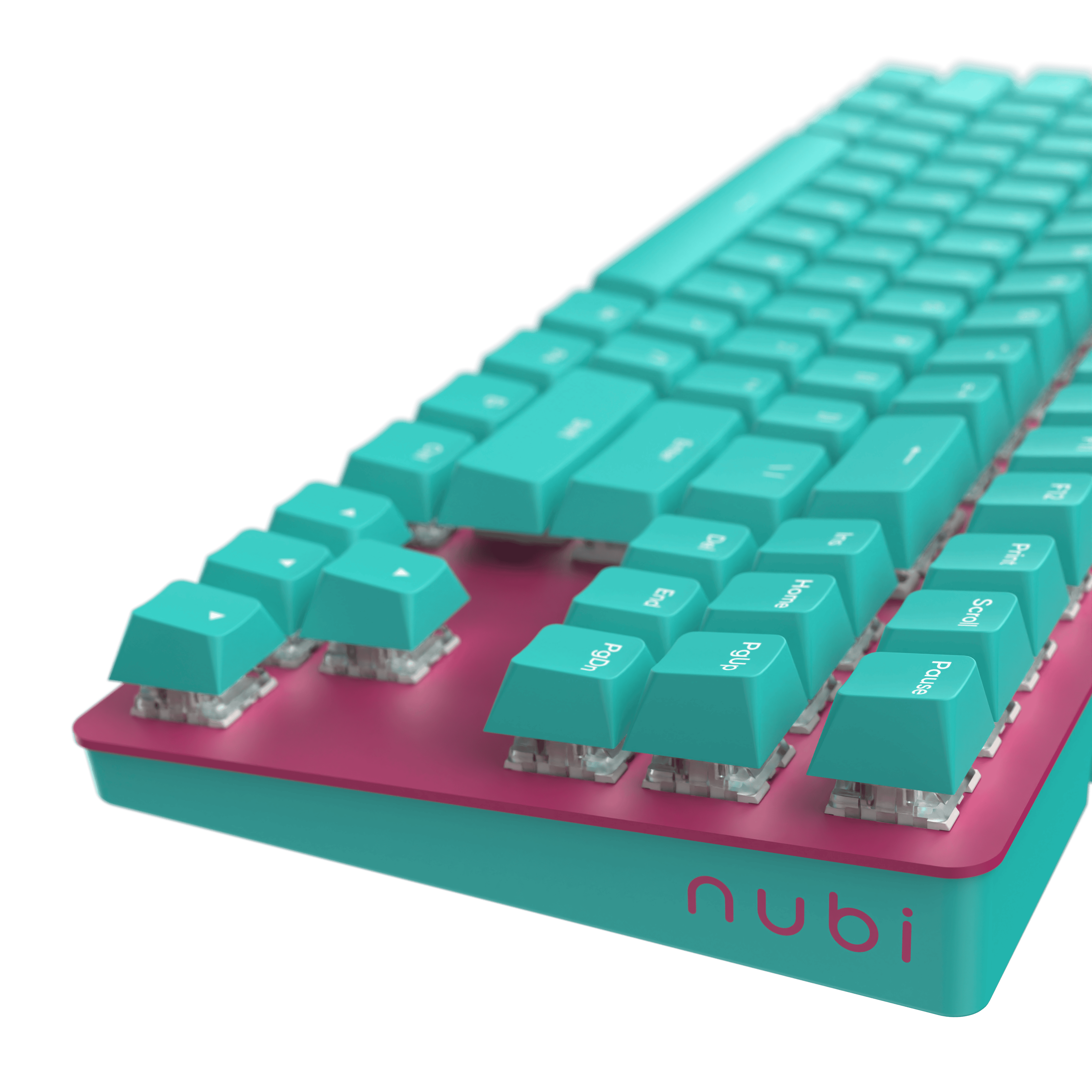 Nahaufnahme einer türkisfarbenen und pinkfarbenen mechanischen Tastatur. Die Tasten sind türkis mit weißen Buchstaben. Auf der Tastatur steht 'nubi'.