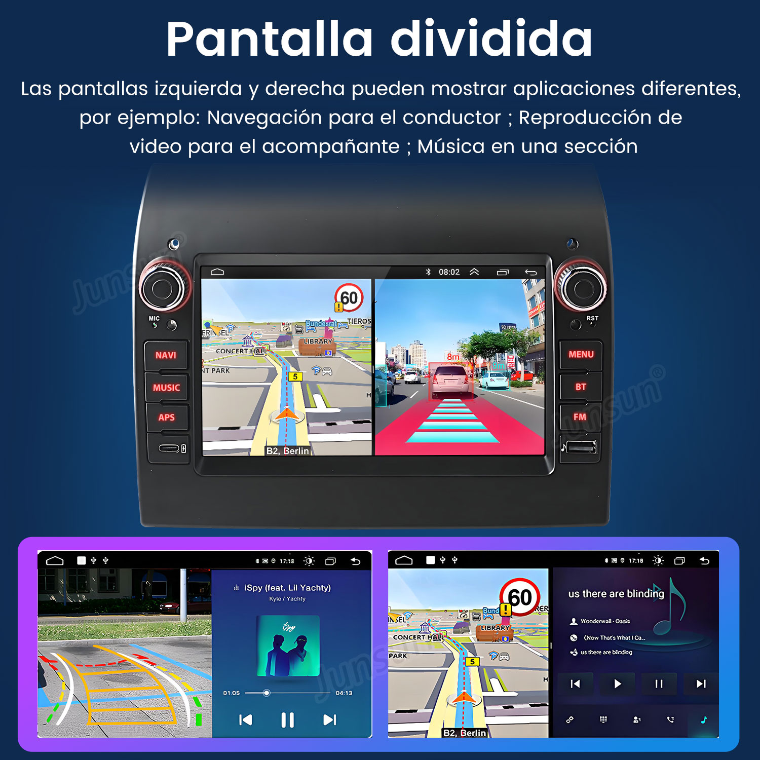 Pantalla de estéreo de coche con pantalla dividida. Muestra navegación, música y otras aplicaciones. Señal de límite de velocidad y vista de la calle.
