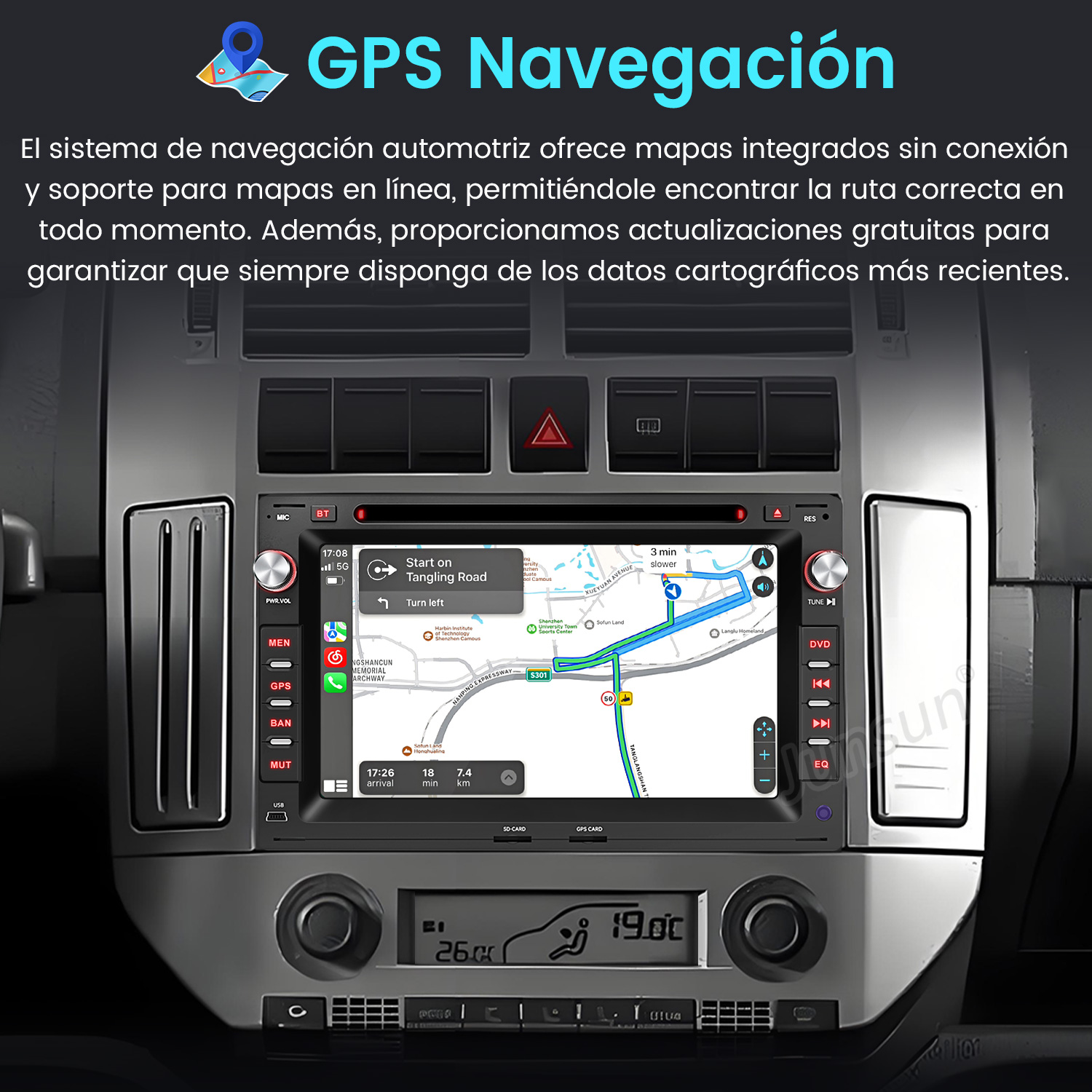 Pantalla del sistema de navegación del coche mostrando un mapa con direcciones. Varios botones y controles visibles.