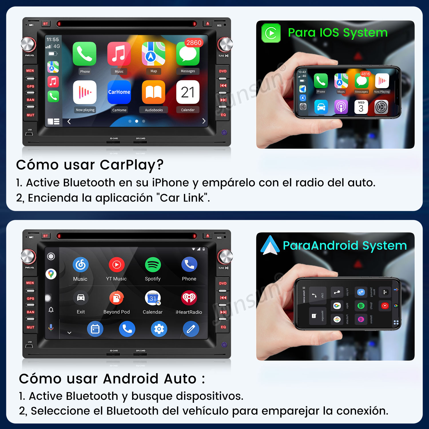 Radio de coche con aplicaciones, una pantalla de teléfono mostrando apps, e instrucciones para CarPlay y Android Auto.