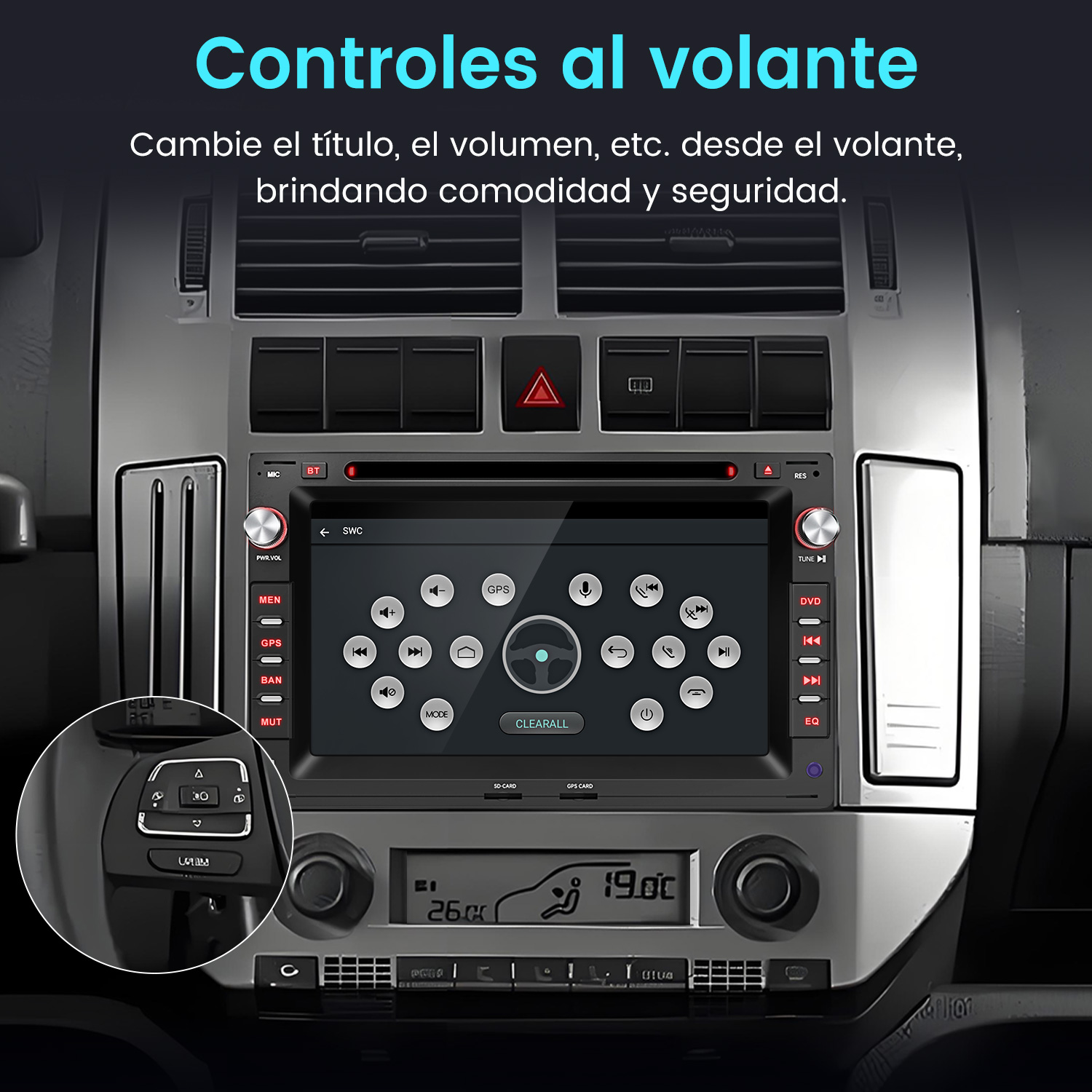 Tablero de coche con pantalla de navegación y controles. Incluye controles del volante, rejillas de ventilación y otros botones.