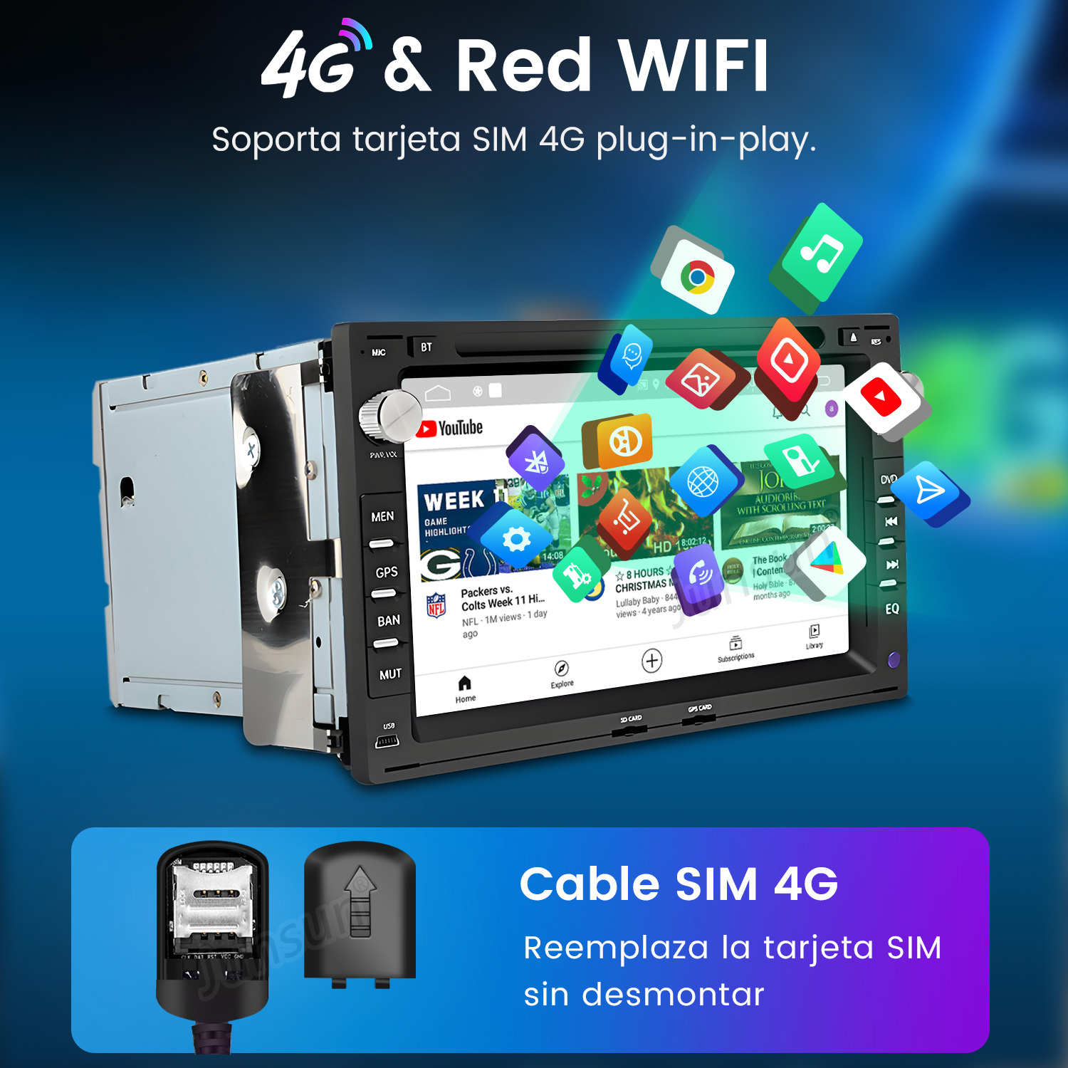 Radio de coche con pantalla táctil que muestra vídeos de YouTube e iconos de aplicaciones. Incluye ranura SIM y detalles 4G/WiFi.