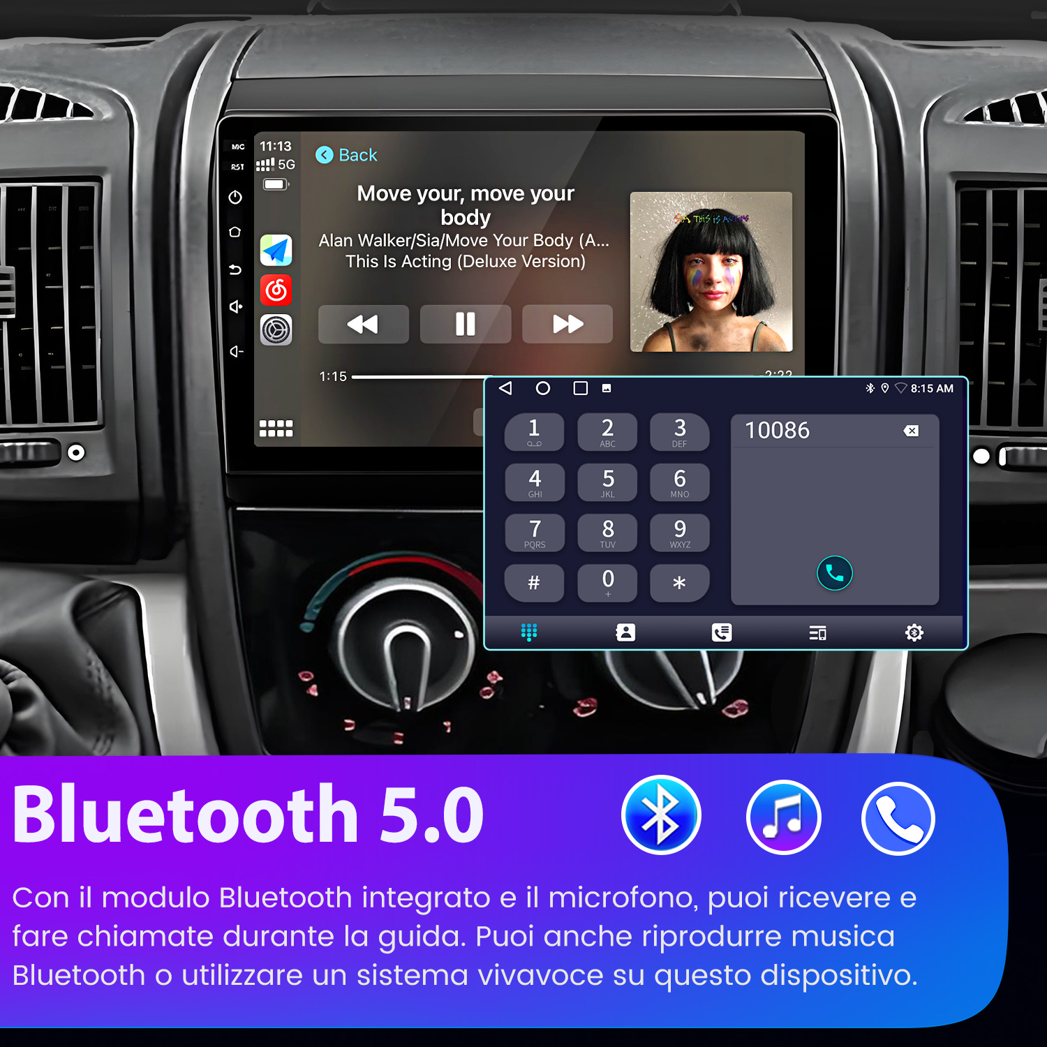 Schermo dell'autoradio che mostra una canzone di Alan Walker e una tastiera telefonica. Logo Bluetooth 5.0.