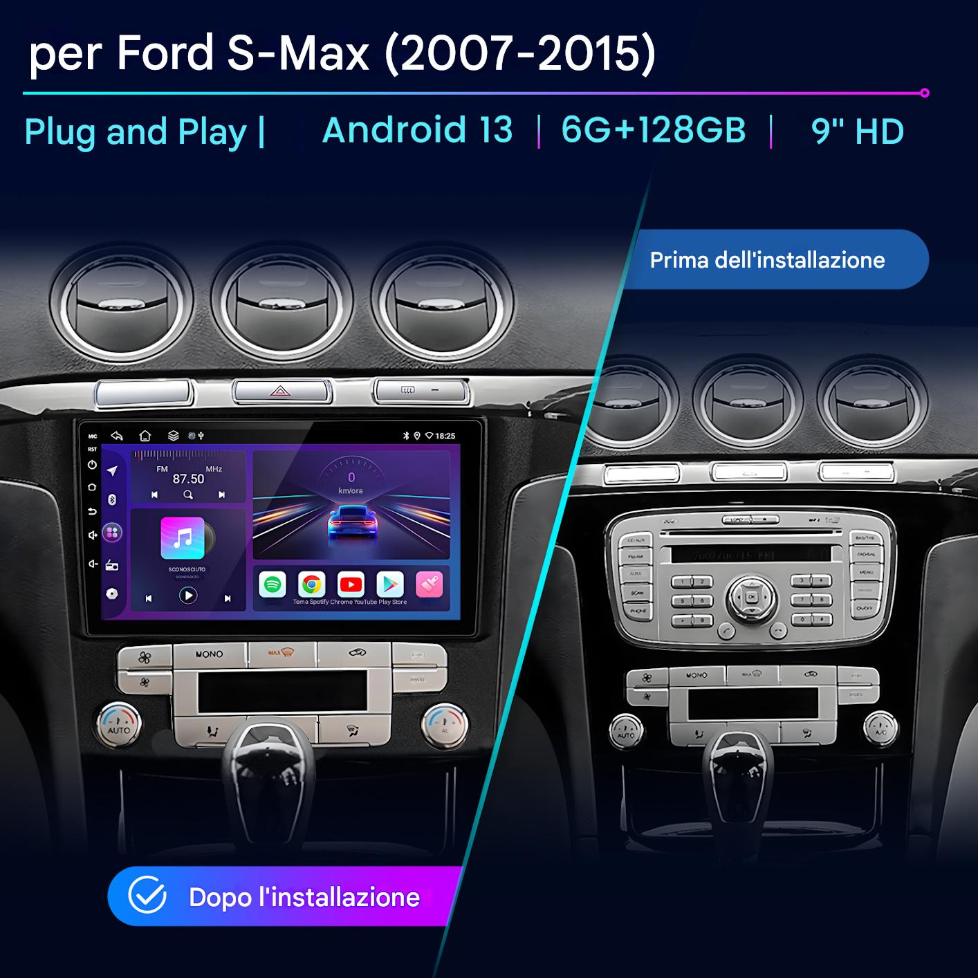 Cruscotto dell'auto che mostra prima e dopo l'installazione di un nuovo sistema di infotainment. Il nuovo sistema visualizza l'interfaccia Android.
