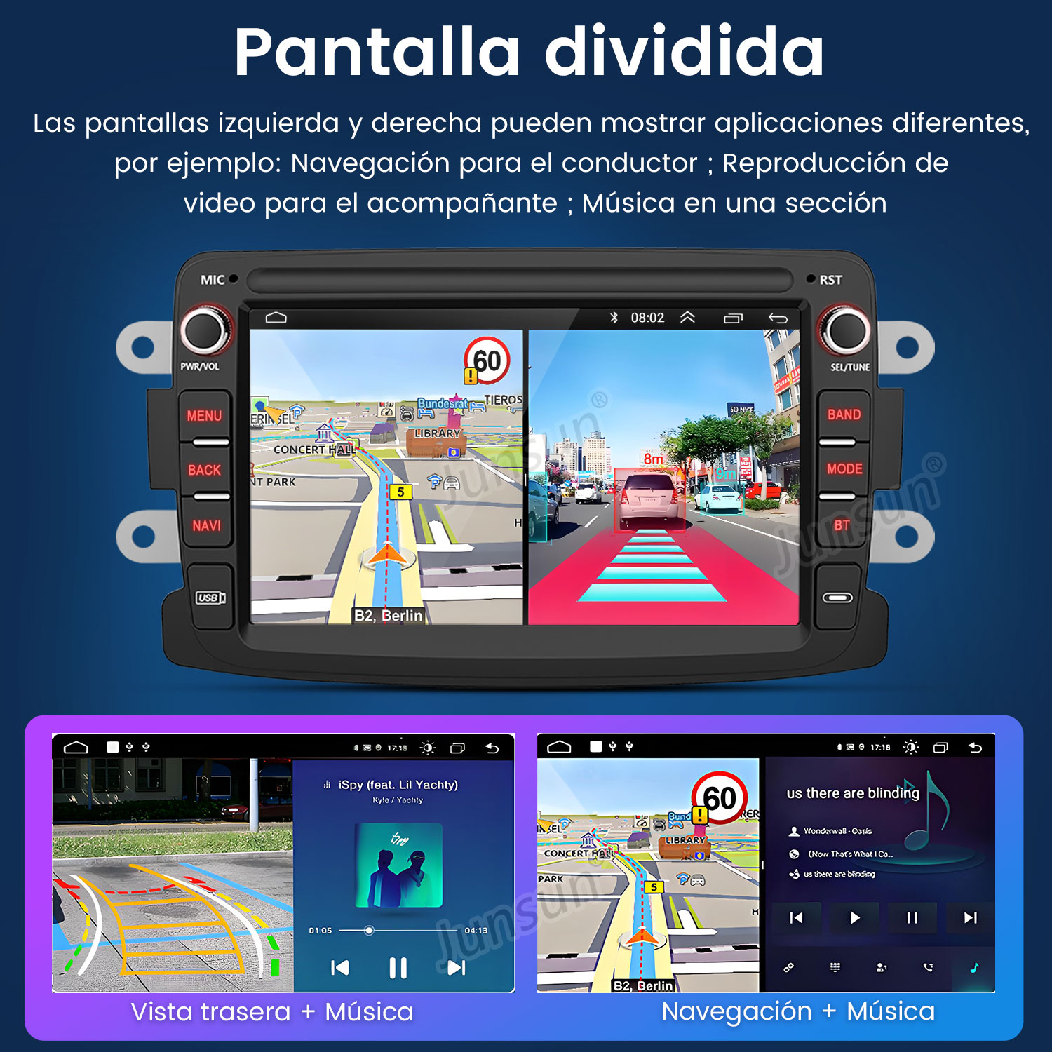Sistema multimedia del coche que muestra navegación y música. La pantalla está dividida.