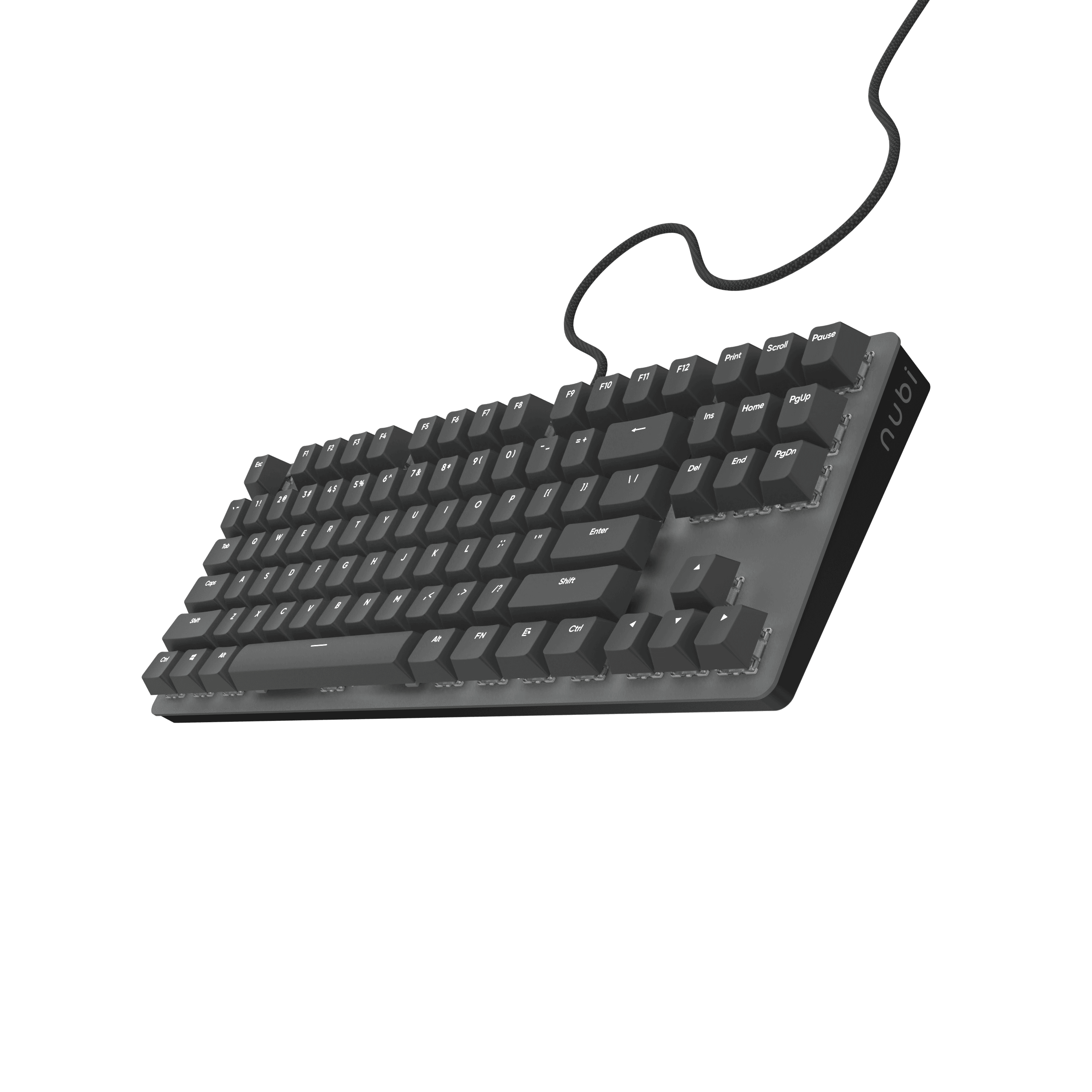 Graue mechanische Tastatur mit weißen Tastenbeschriftungen und schwarzem Hintergrund. Ein graues Kabel kommt von rechts.