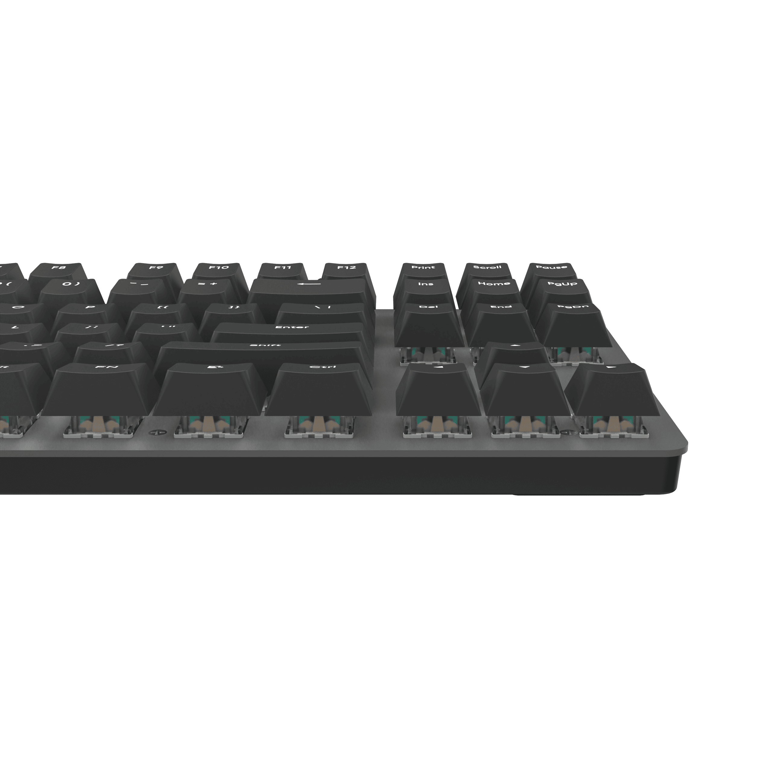Nahaufnahme einer schwarzen Tastatur mit weißen Buchstaben. Der Hintergrund ist schwarz.