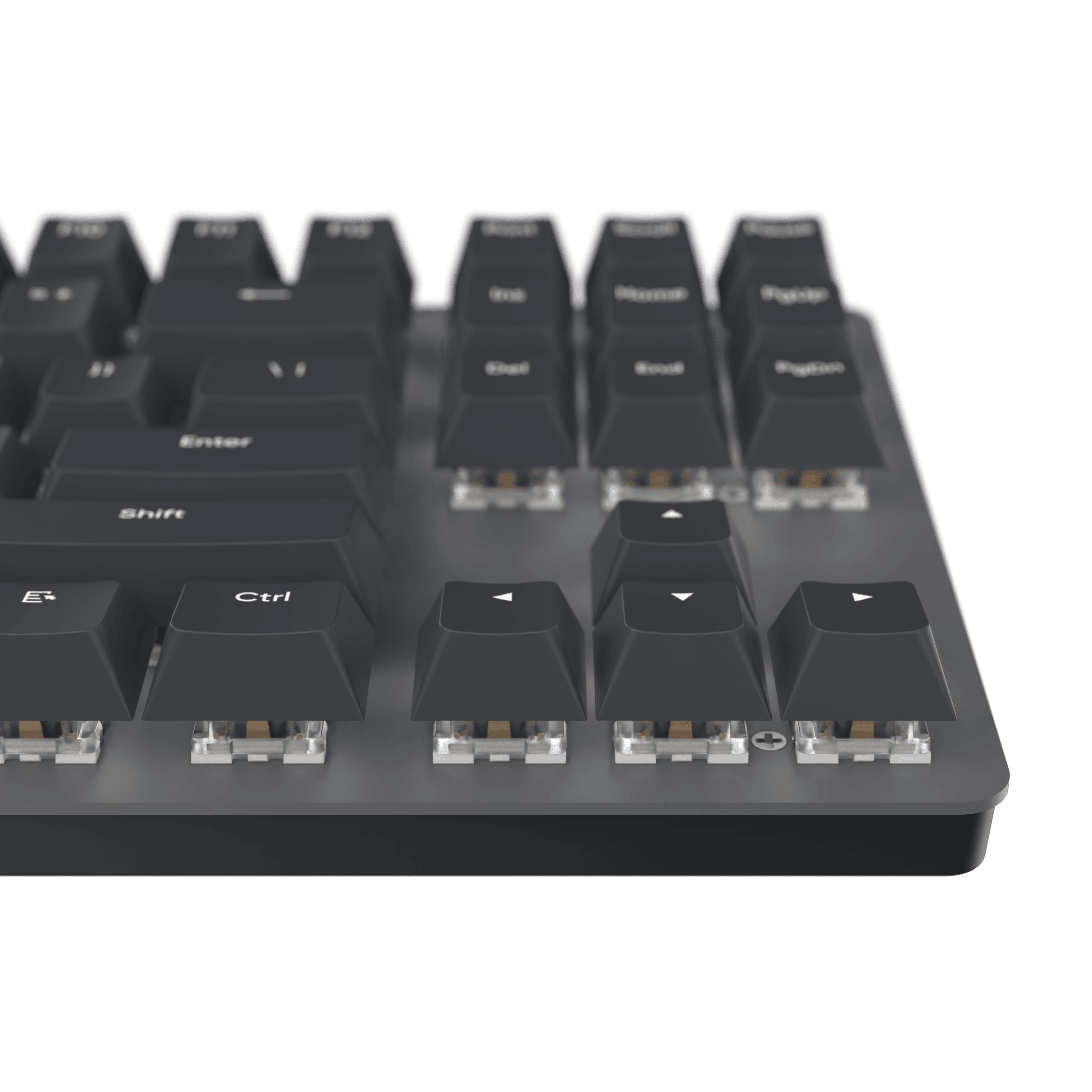Nahaufnahme einer mechanischen Tastatur mit grauen Tasten. Pfeiltasten sind sichtbar. Der Hintergrund ist schwarz.