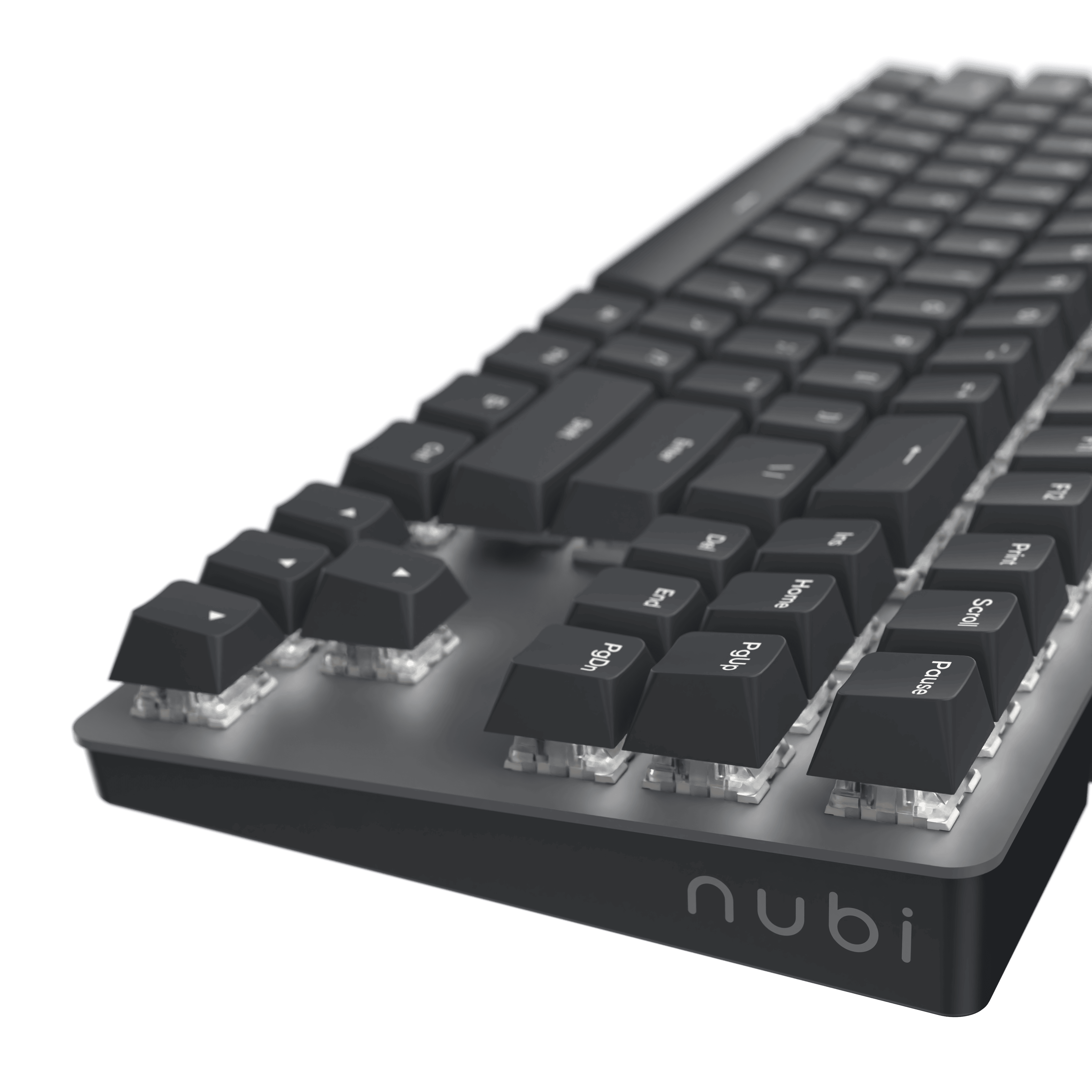 Nahaufnahme einer dunkelgrauen Tastatur mit schwarzen Tasten. Der Markenname 'nubi' ist sichtbar.