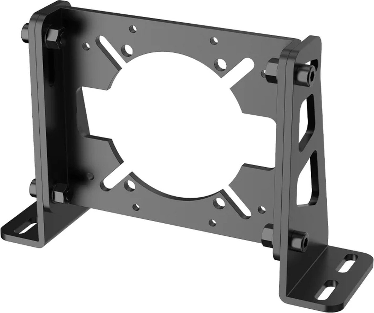 Un support métallique noir avec une grande ouverture centrale et divers trous plus petits. Des boulons et des supports sont visibles.