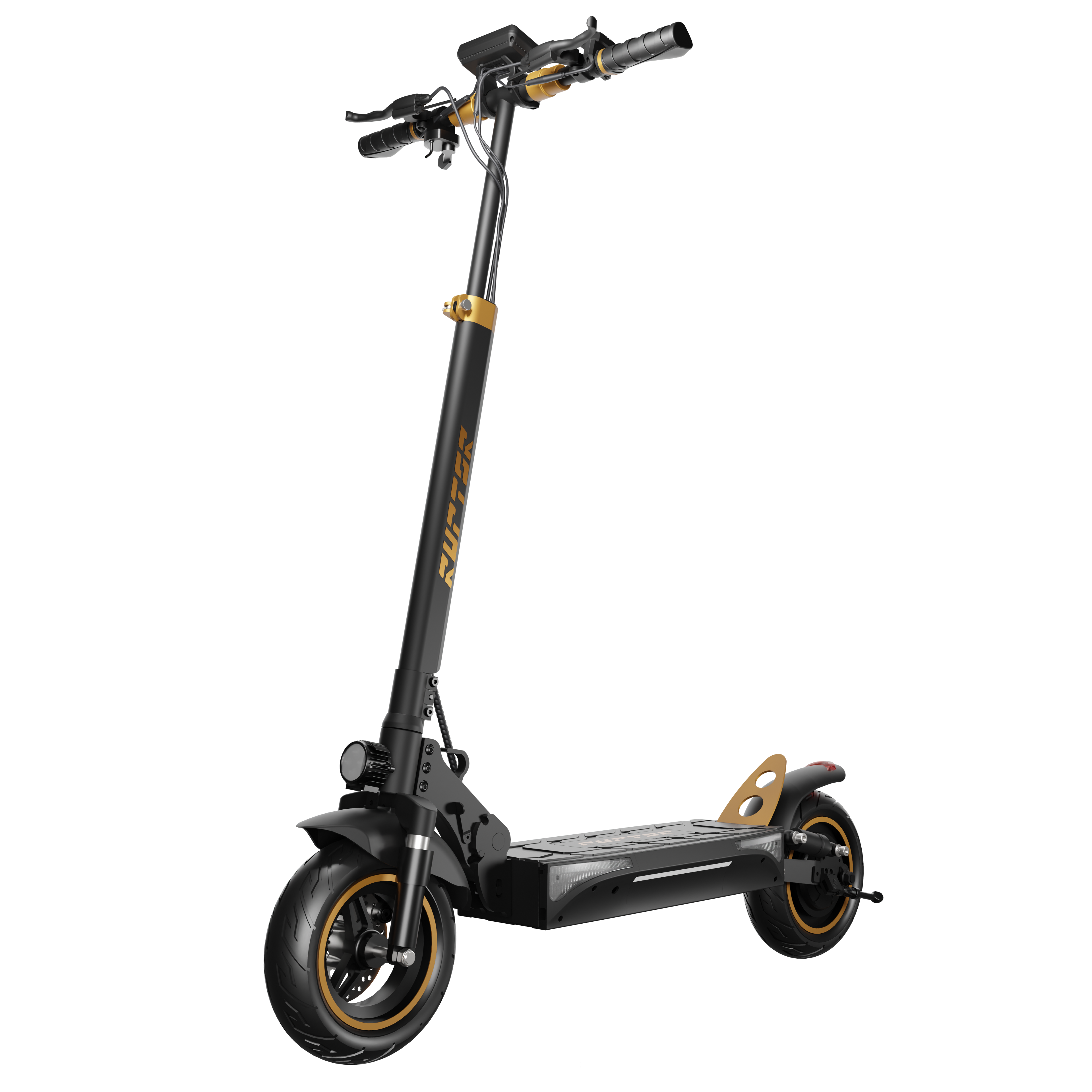 Ein schwarzer und goldener Elektroroller. Der Roller hat einen Vorderreifen, einen Lenker, ein Deck und einen Hinterreifen. Der Hintergrund ist schwarz.