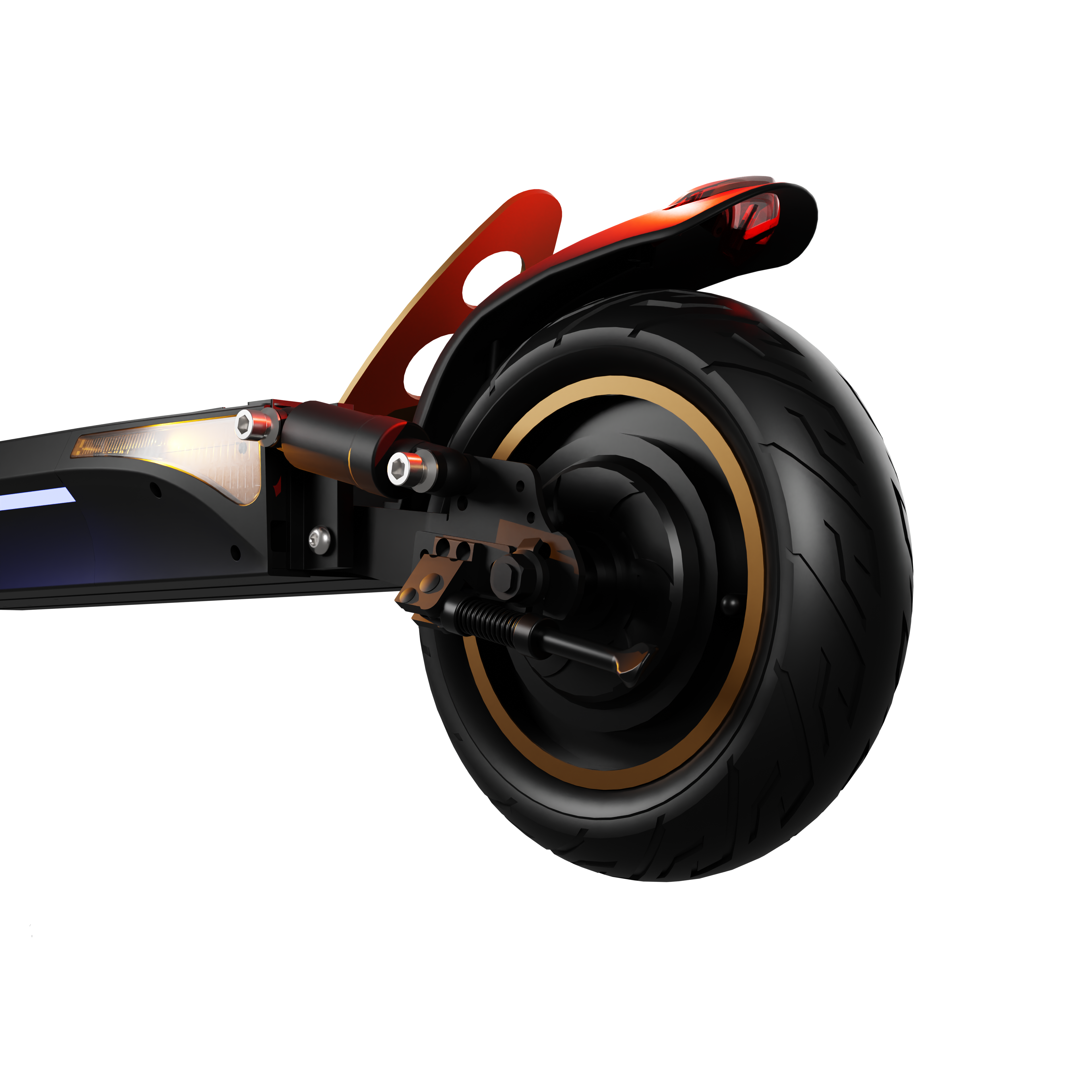 Nahaufnahme des Hecks eines E-Scooters. Schwarzer Reifen, goldener Rand und roter Kotflügel auf schwarzem Hintergrund.