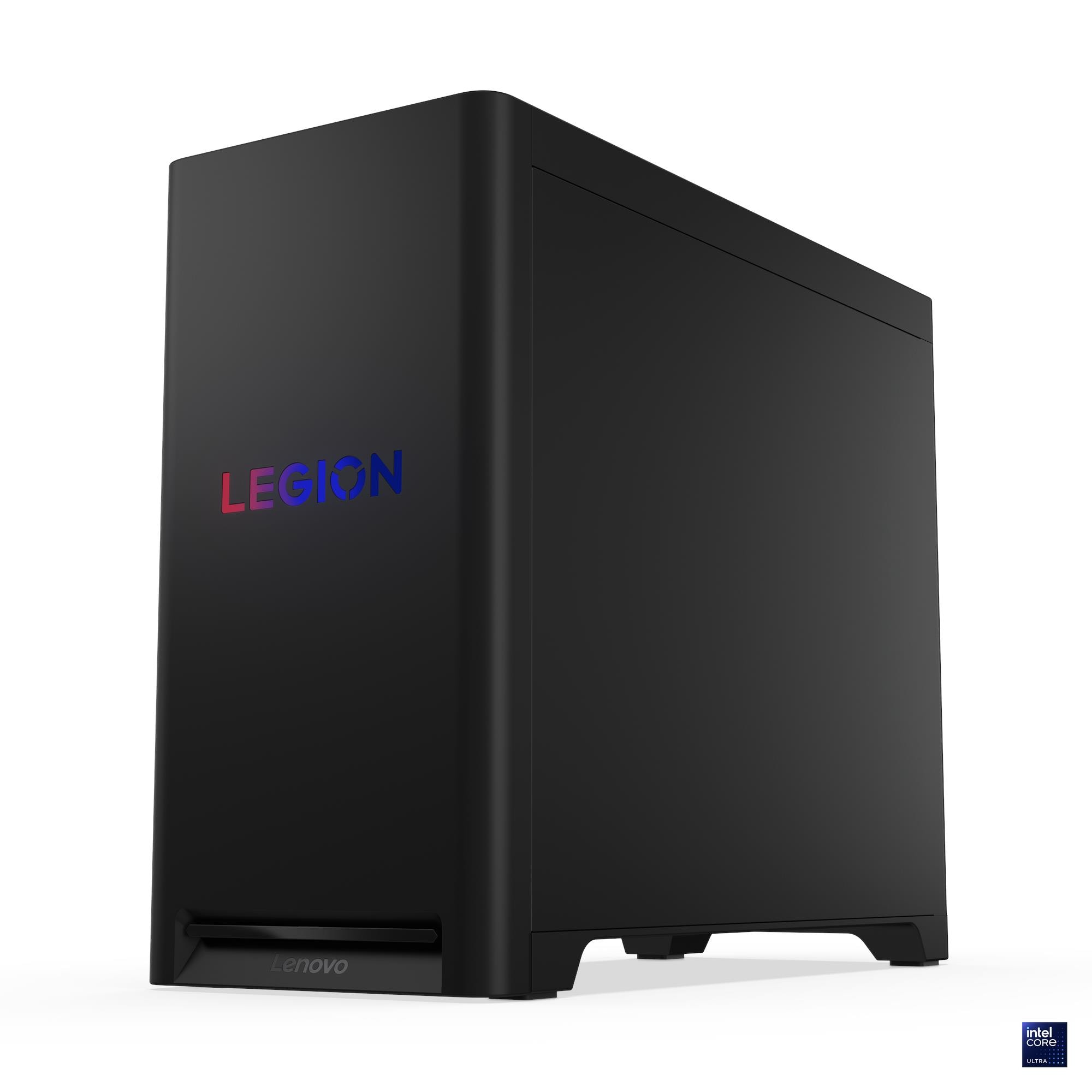 Ein schwarzer Lenovo Legion Desktop-Computer. Das Wort LEGION ist rot und blau. Das Intel Ultra-Logo befindet sich unten.