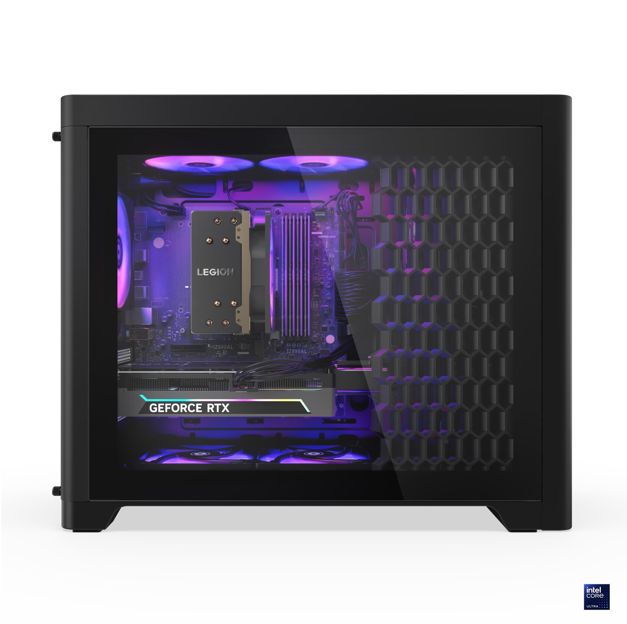Ein schwarzes Computergehäuse mit Glasseitenfenster zeigt interne Komponenten, die mit lila und blauen Lichtern beleuchtet werden.