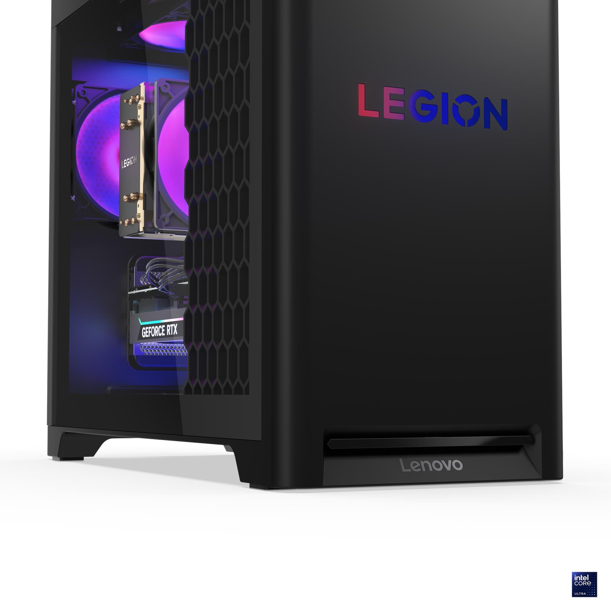 Schwarzer Lenovo Legion PC. Innenkomponenten durch Glas-Seitenwand sichtbar. Beleuchtete Lüfter und Komponenten. Legion-Logo an der Seite.