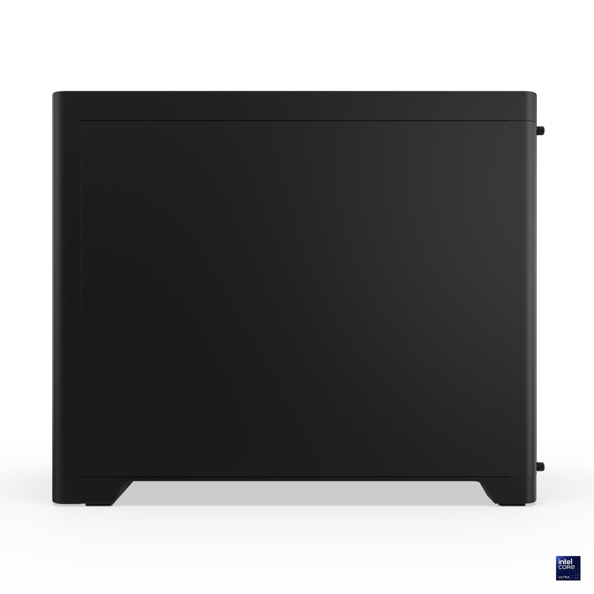 Ein schwarzes Computergehäuse auf weißem Hintergrund. Das Gehäuse hat eine rechteckige Form und eine glatte Oberfläche. Rechts befindet sich ein Intel-Logo.