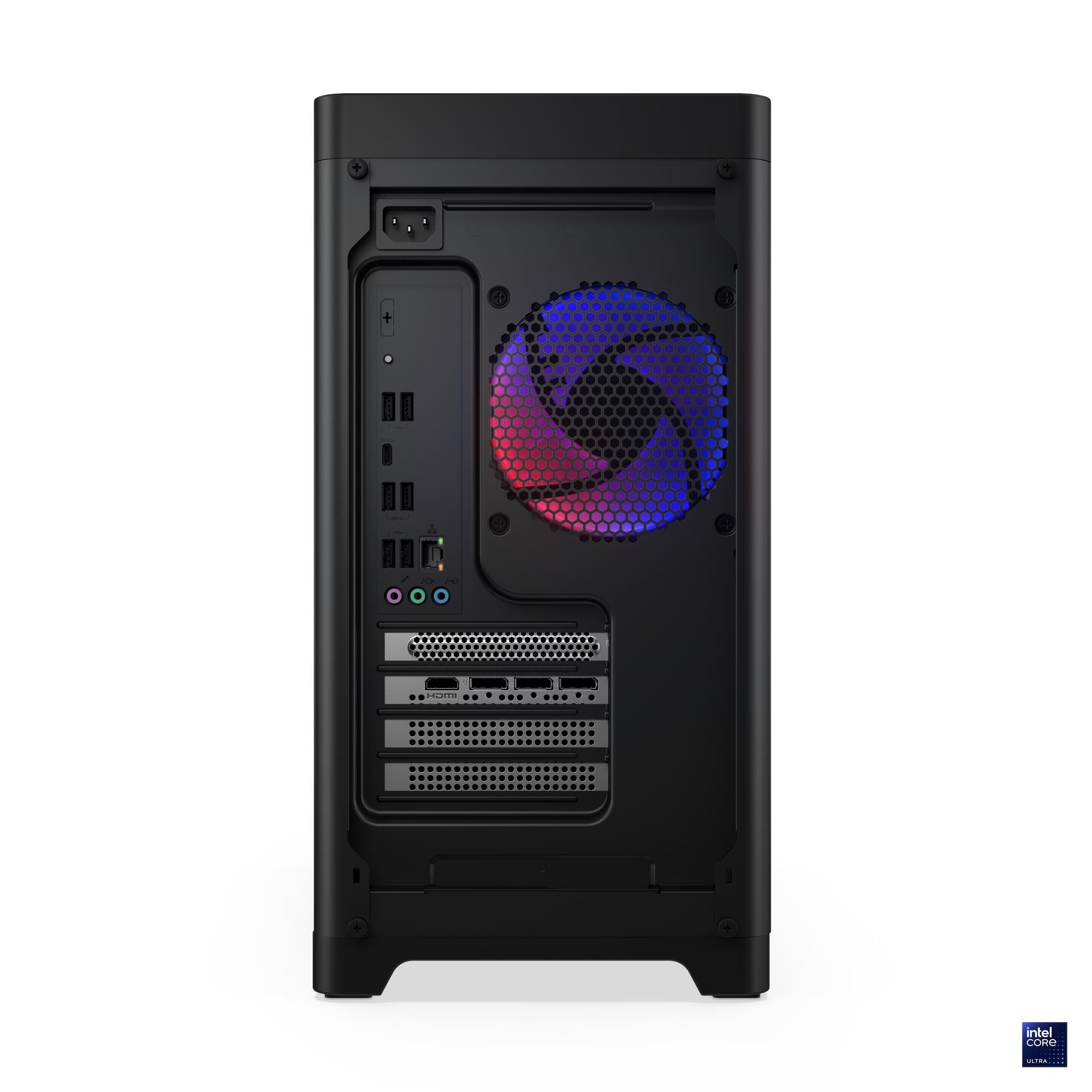 Schwarze Computergehäuse-Rückseite. Lüfter mit roten und blauen Lichtern sichtbar. Anschlüsse und Steckverbinder sind sichtbar.