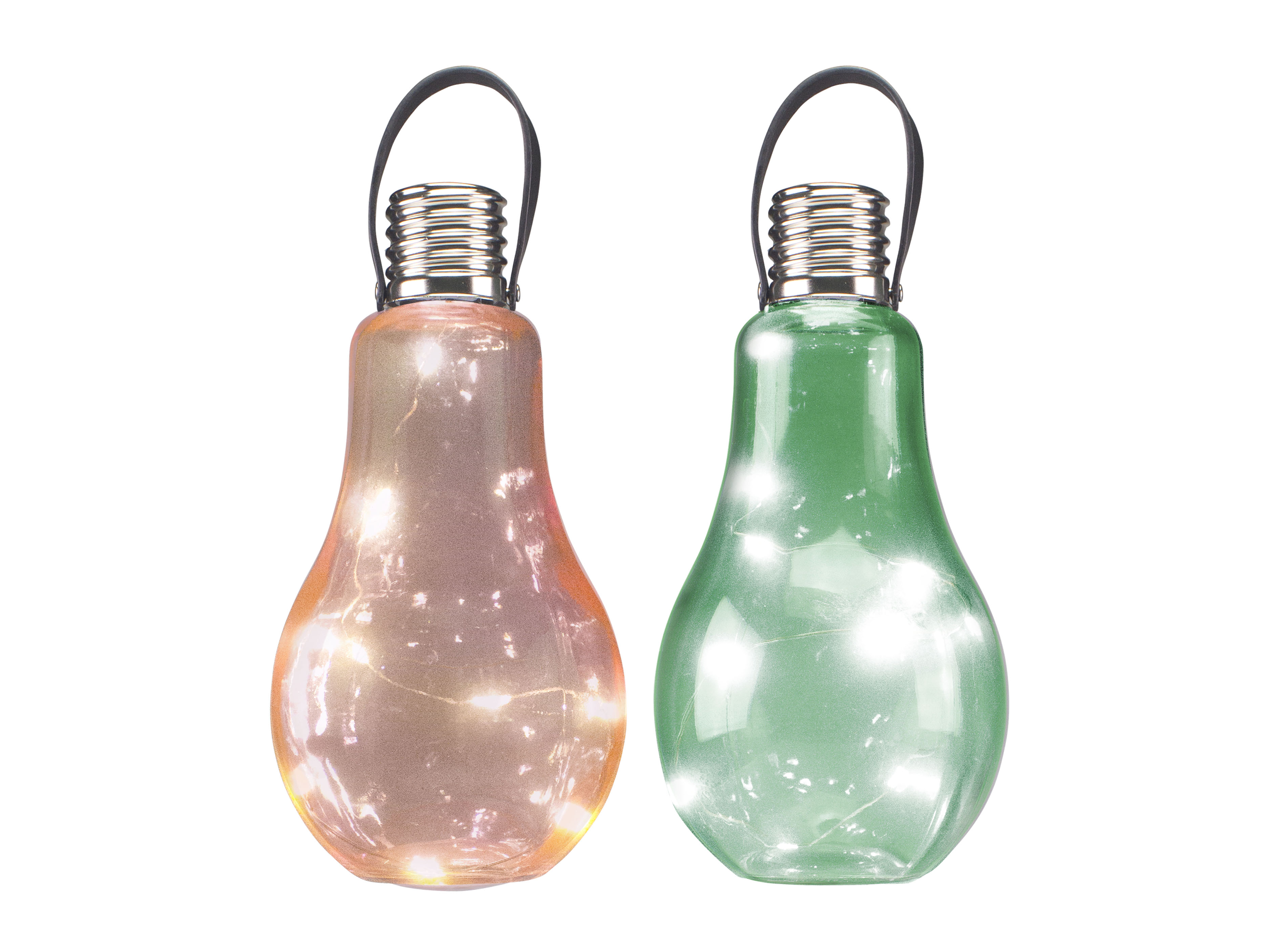 Due lampadine decorative con manico nero, una arancione e una verde, su sfondo bianco.