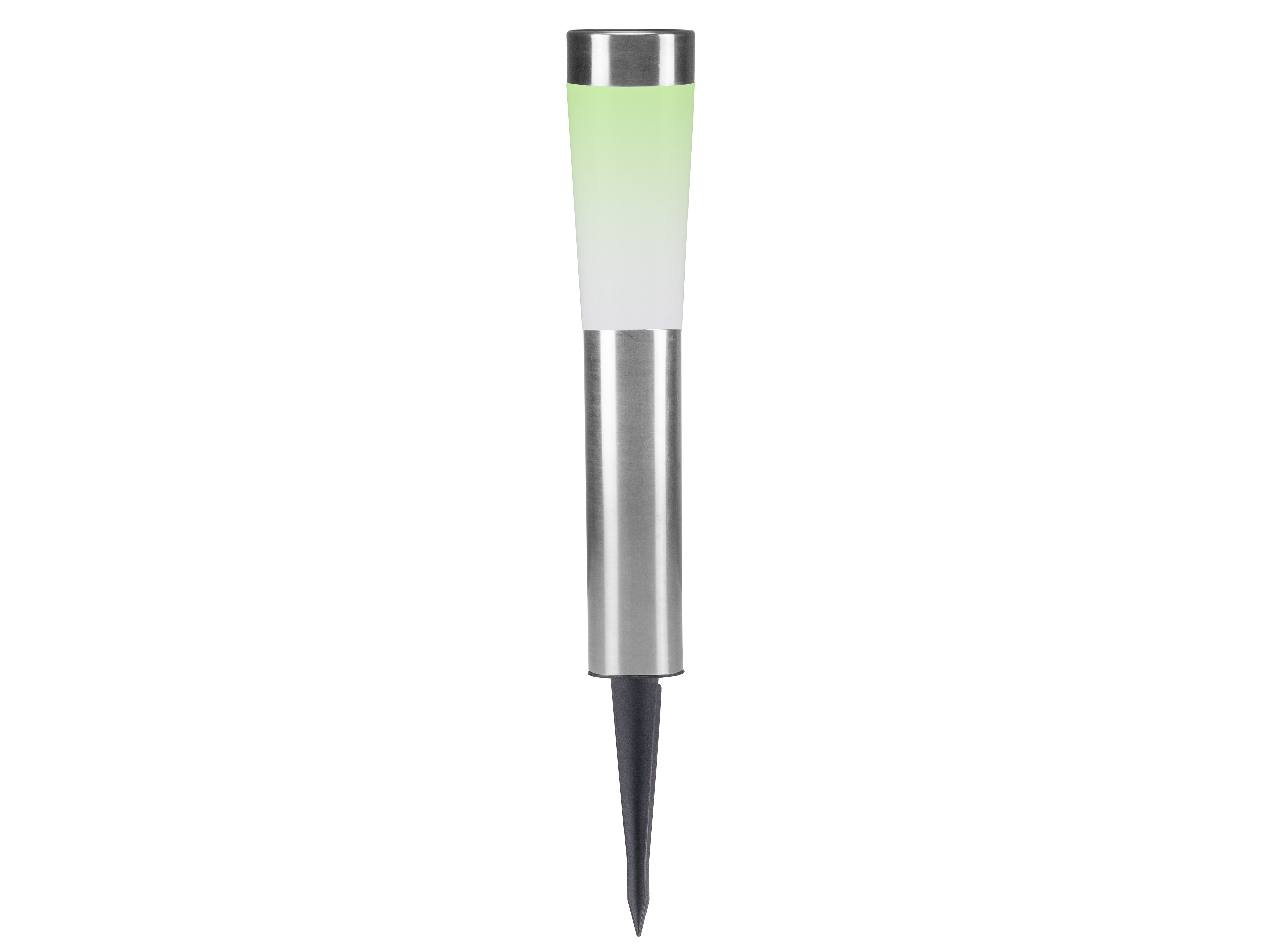Una luce da giardino in metallo e plastica. La parte superiore è argentata con un gradiente verde. Ha una base nera a punta.