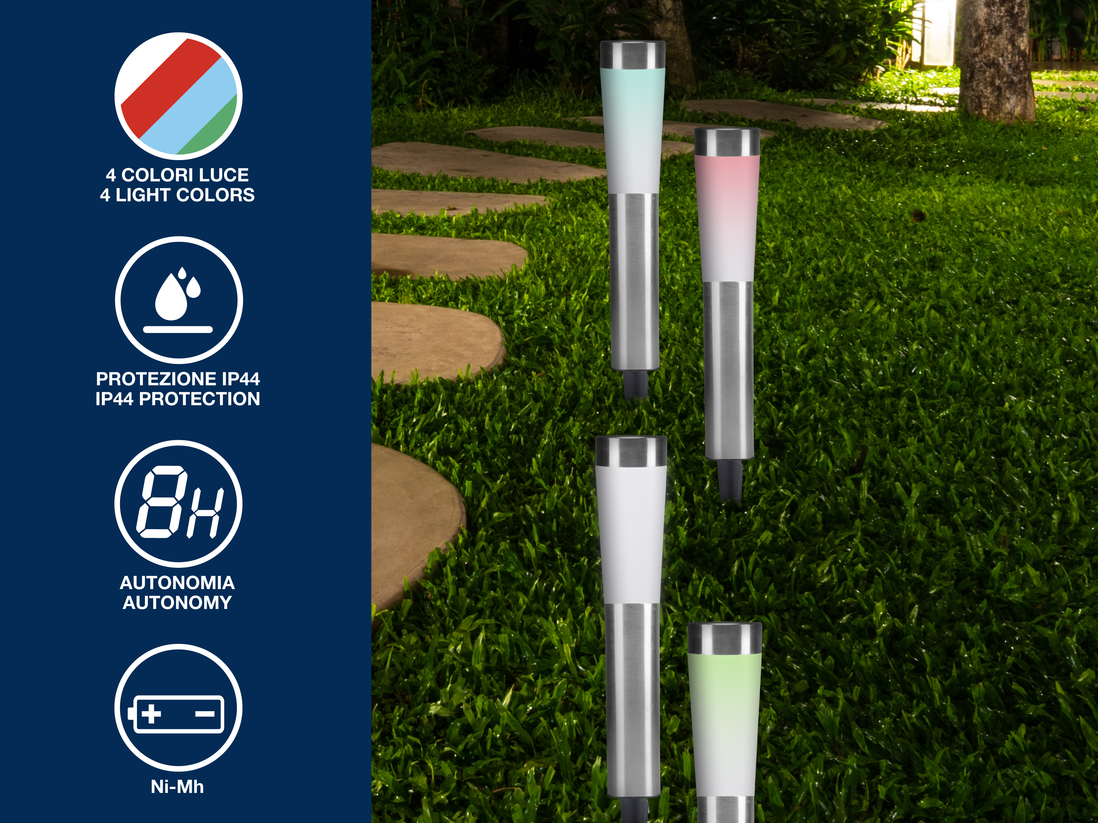 Quattro luci da giardino illuminate sull'erba. Ogni luce ha un colore diverso. Le icone informative sono a sinistra.