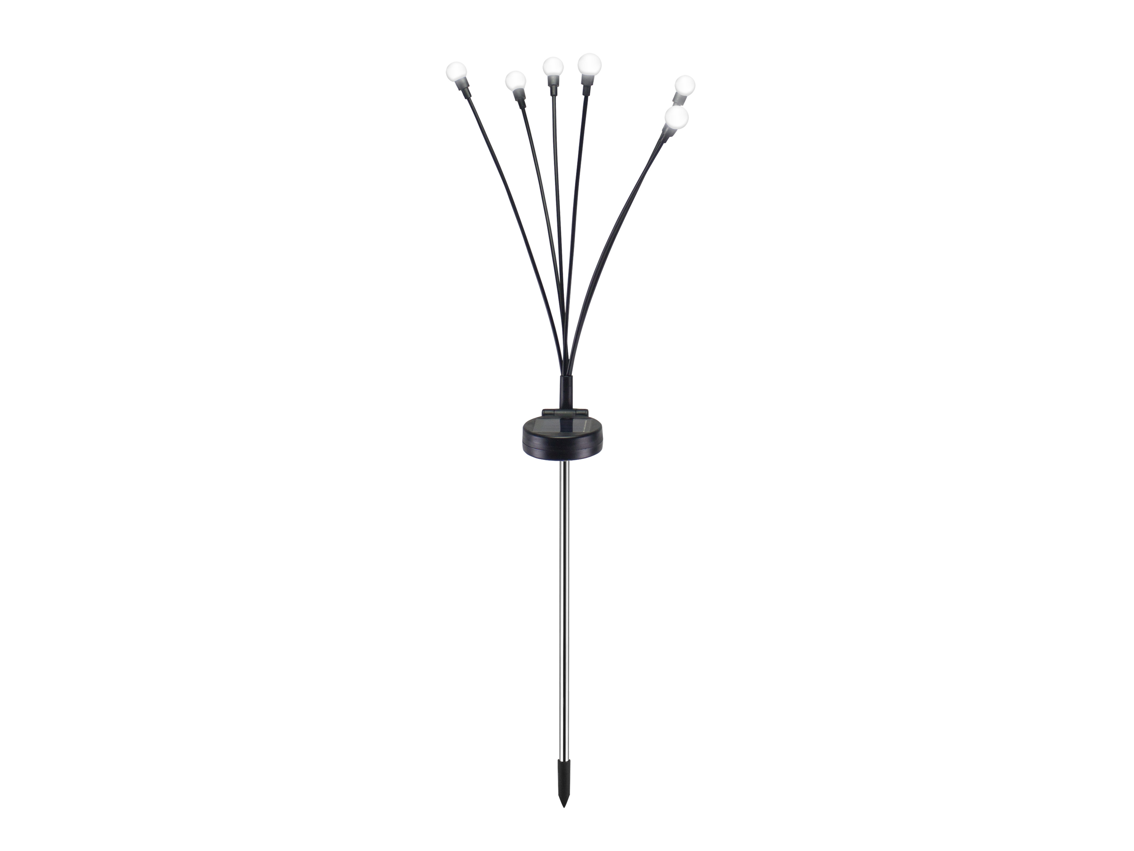 Una luce decorativa da giardino. Ha diverse piccole lampadine a LED bianche su steli neri, su sfondo bianco.