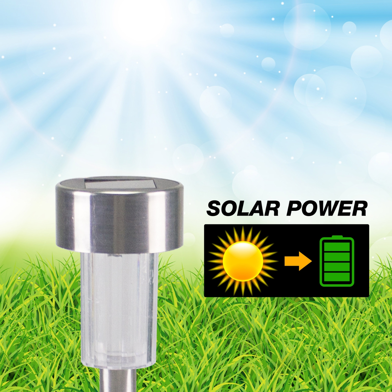 Una luce da giardino a energia solare. Un grafico del sole carica un'icona della batteria, su erba e cielo blu.