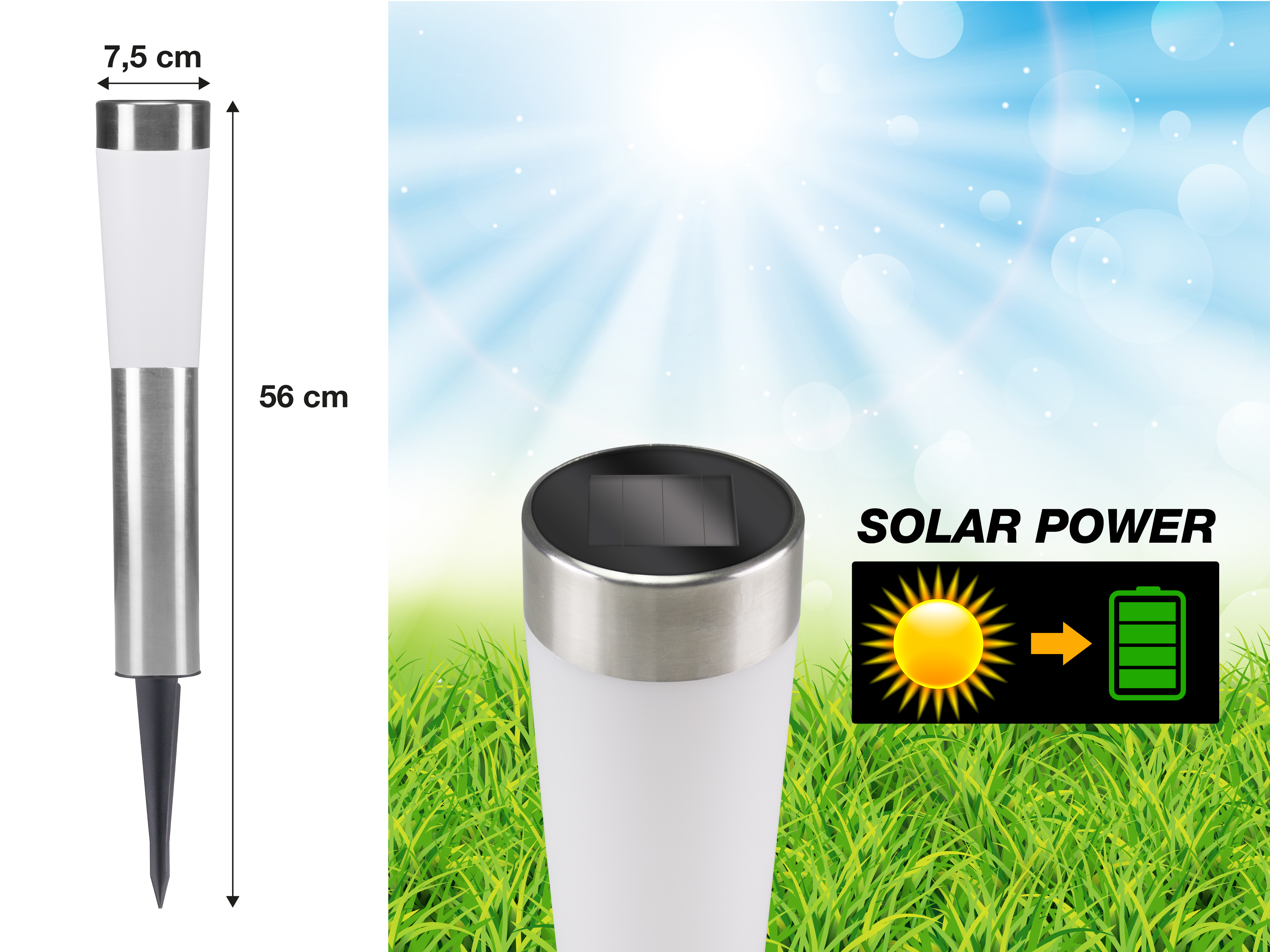 Una luce solare da giardino con corpo bianco e parte superiore argentata. È alta 56 cm e a energia solare.