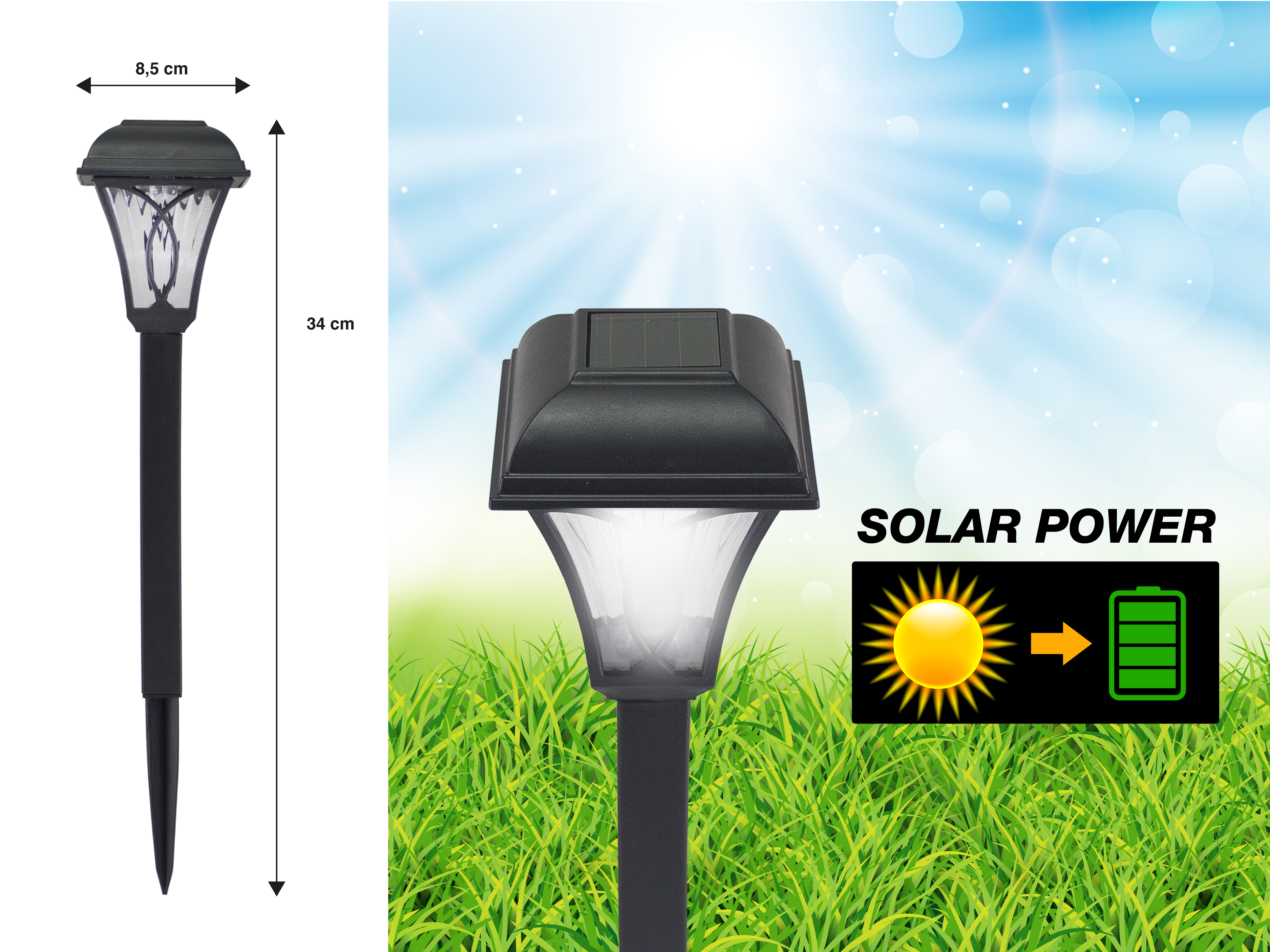 Viene mostrata una lampada solare da giardino. Ha un corpo nero e una luce trasparente. Lo sfondo presenta erba e cielo blu.