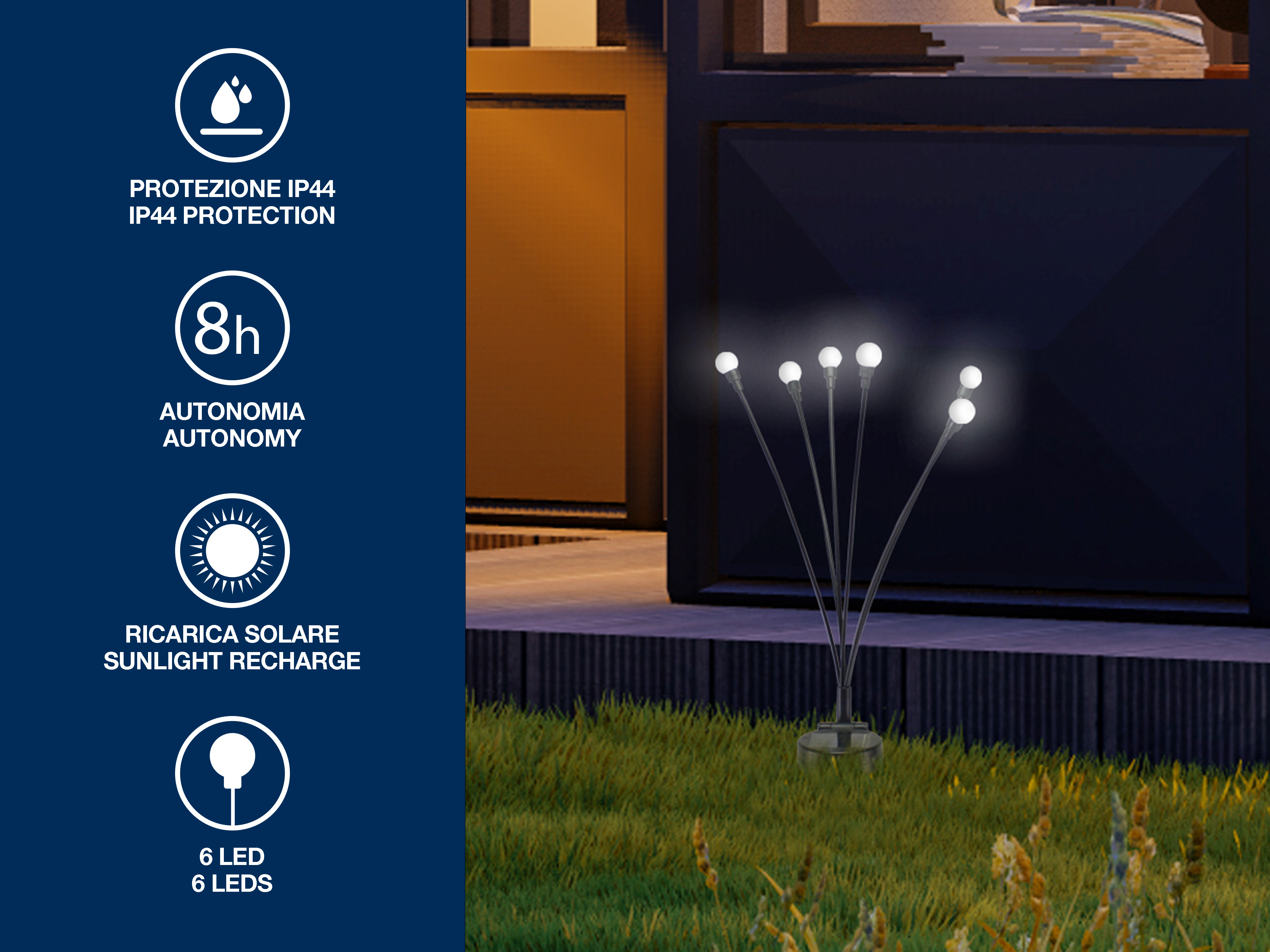 Una luce solare da giardino con 6 LED. Ha una base scura e diversi steli con sfere di luce bianca.