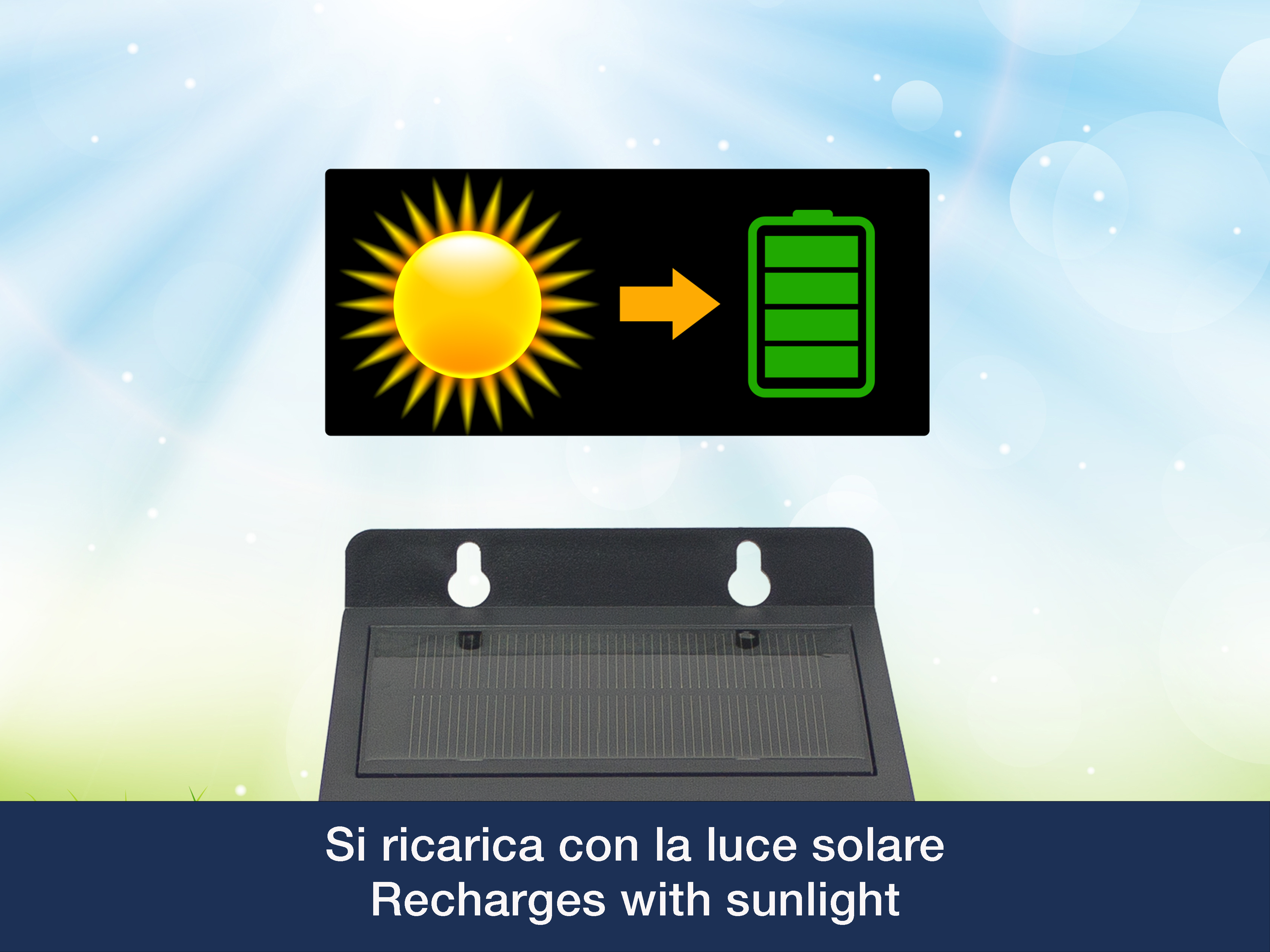 L'immagine mostra un pannello solare che si carica tramite la luce solare. Sono visualizzati il sole, una freccia e un'icona della batteria.