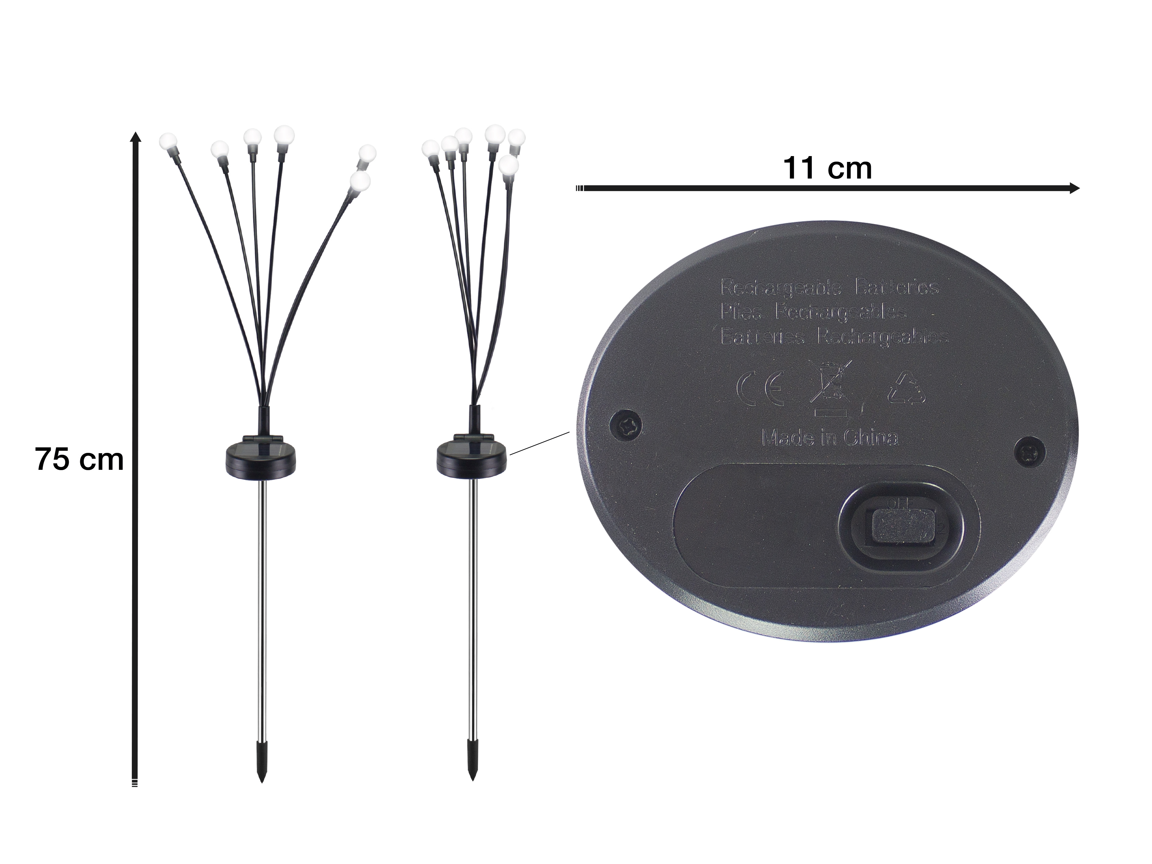 Due luci solari da giardino con lampadine bianche su steli neri. Base grigio scuro con testo e dimensioni.