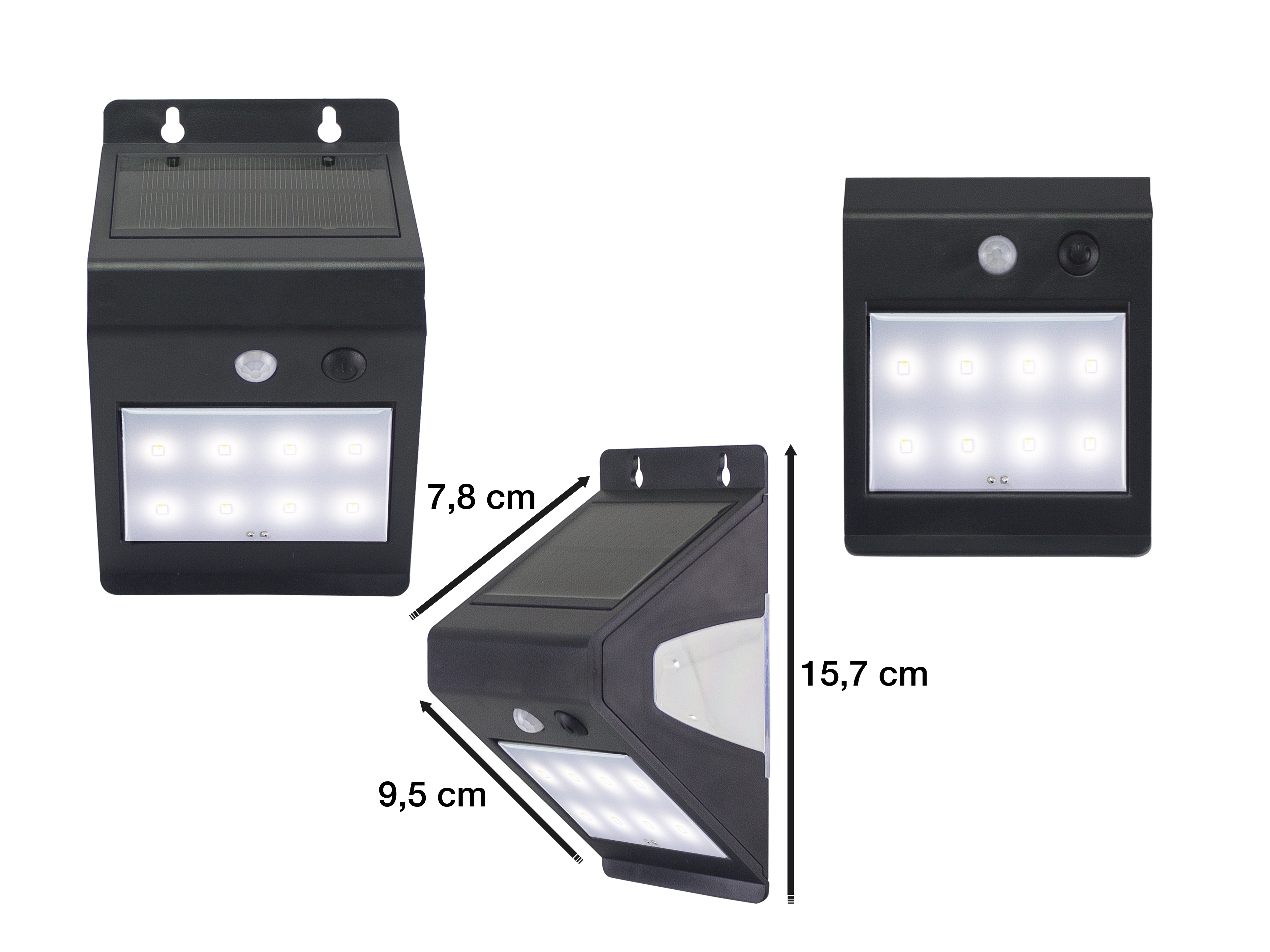 Tre luci solari nere con pannelli luminosi bianchi e pannelli solari sono mostrate su sfondo bianco.